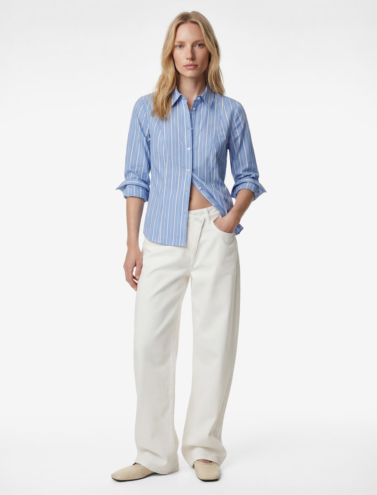 Slim Fit Uzunqol Klassik Yaxalı Zolaqlı Poplin Köynək