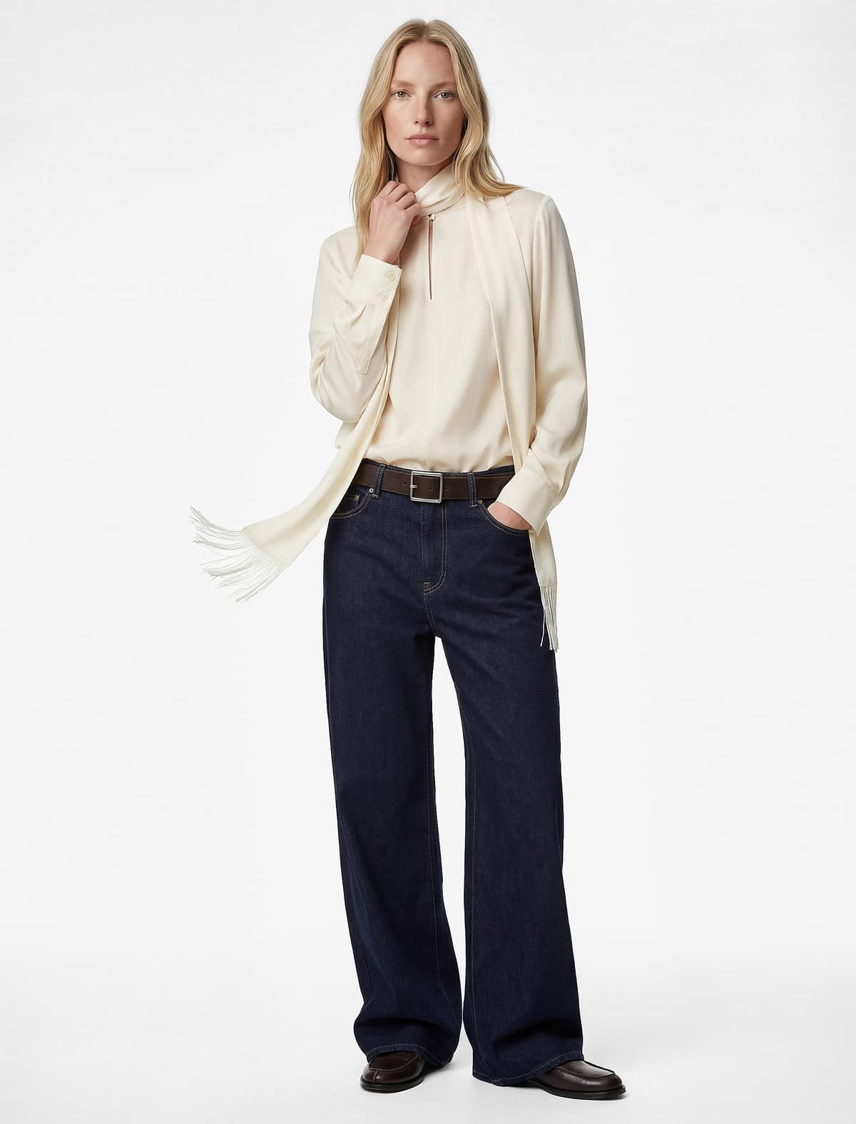 Uzunqol Şal Yaxa Qotazlı Satin Bluza