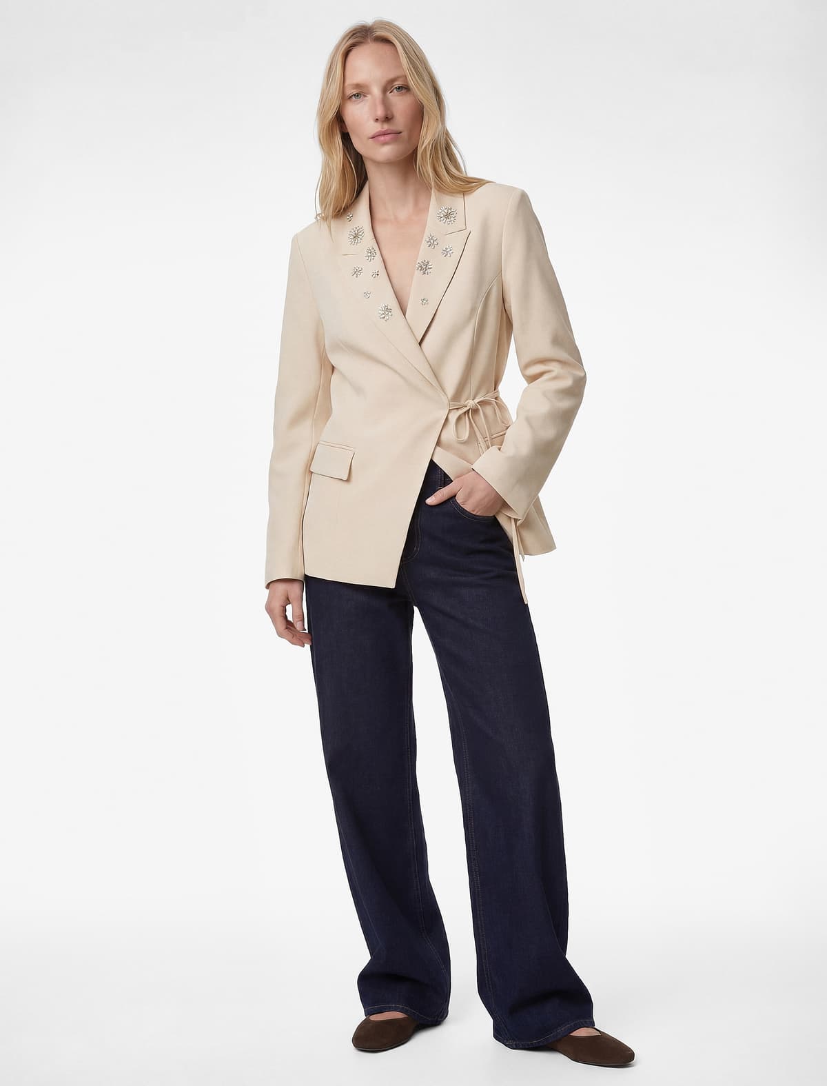 Uzunqol Cib Qalstuk Detallı Daş Blazer Gödəkçə