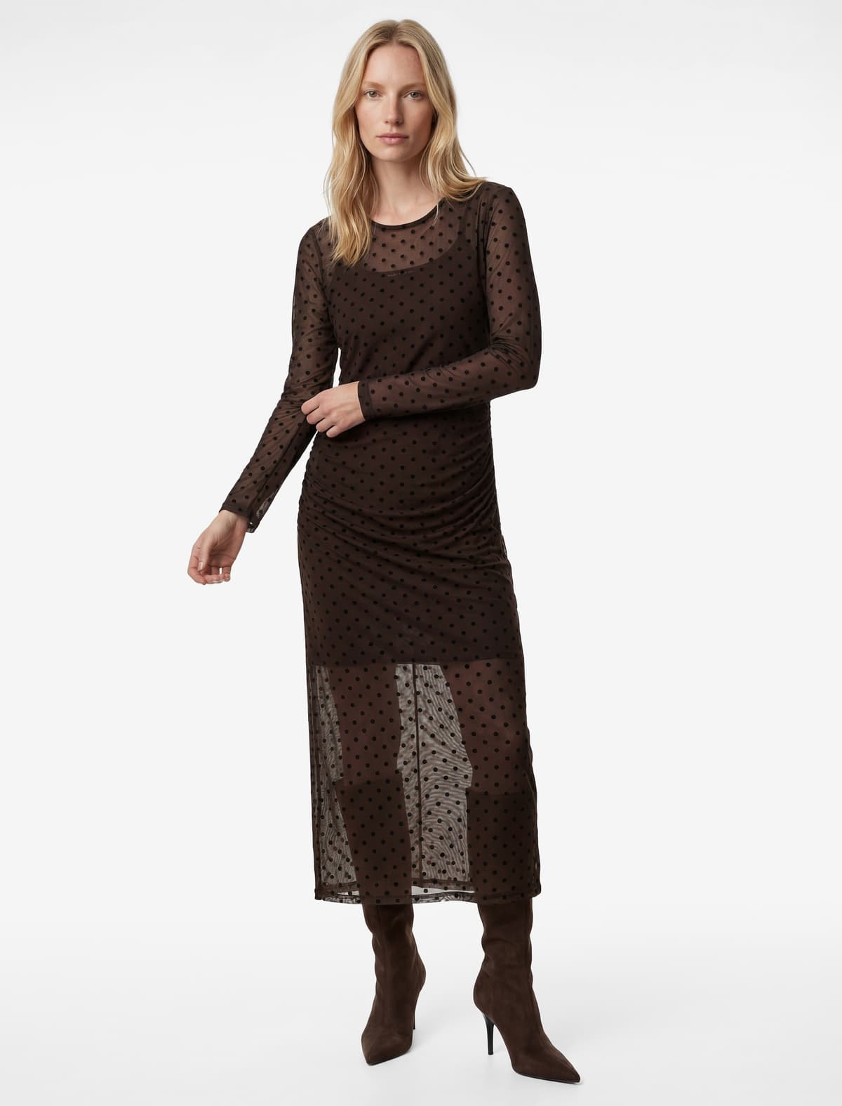 Uzunqol Slim fit Dəyirmi yaxalı Dökümlü Polka Nöqtəli Midi Tül Don