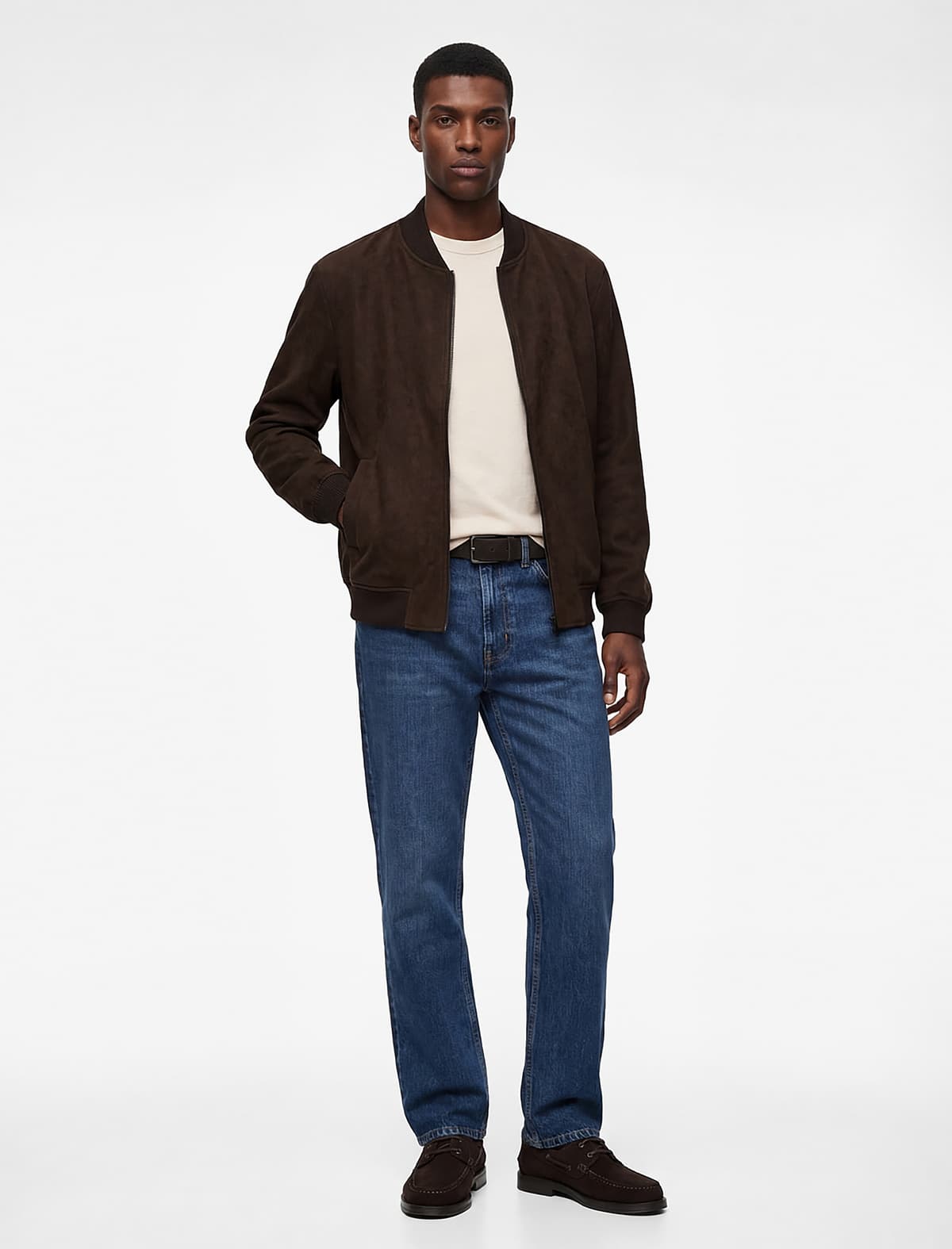 Normal fit Uzunqol Cib Kollec Yaxası Fermuarlı Faux Süet Bomber Gödəkçə