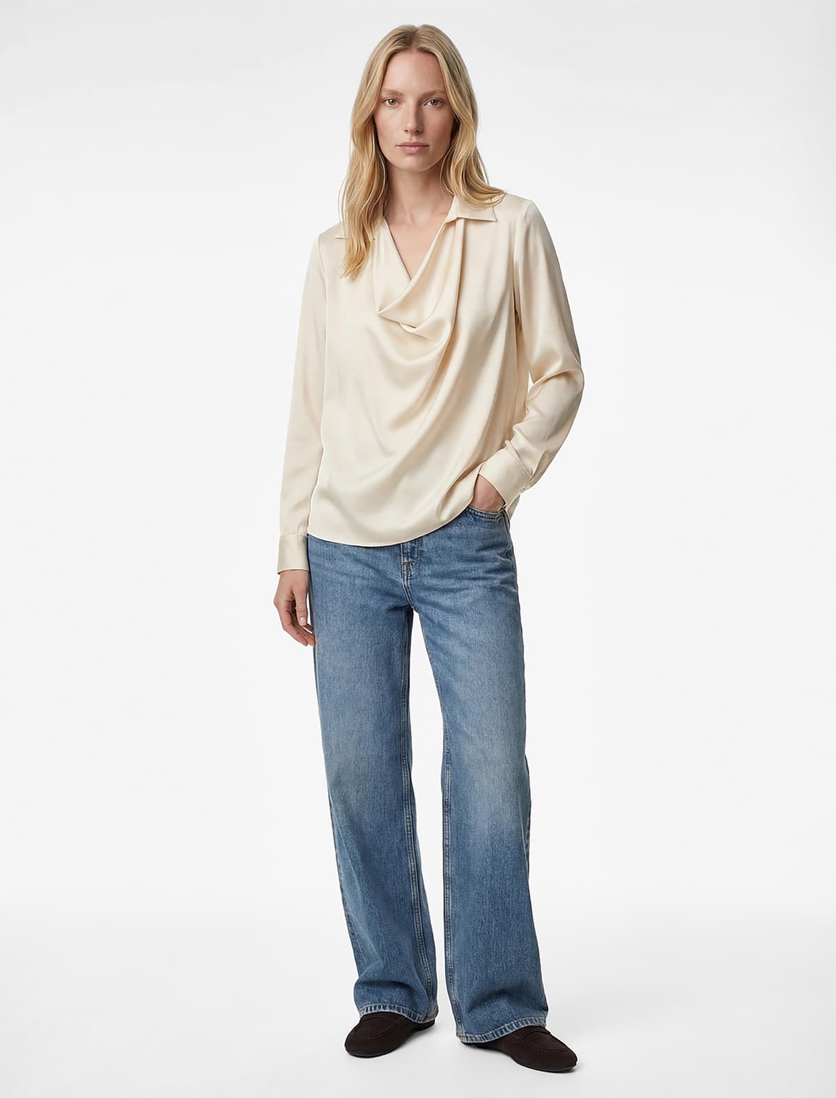 Axşamlı Tişört Yaxa Uzunqol Satin Bluza