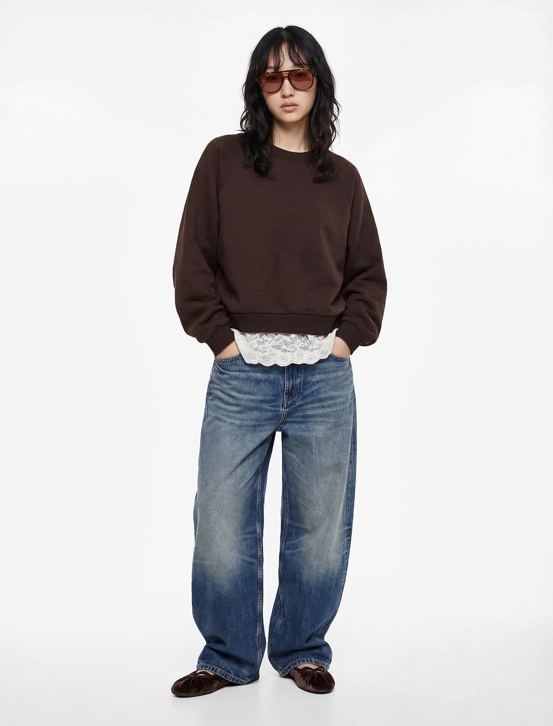 Krujeva Detaylı Uzunqol Dəyirmi yaxalı Oversize Sweatshirt