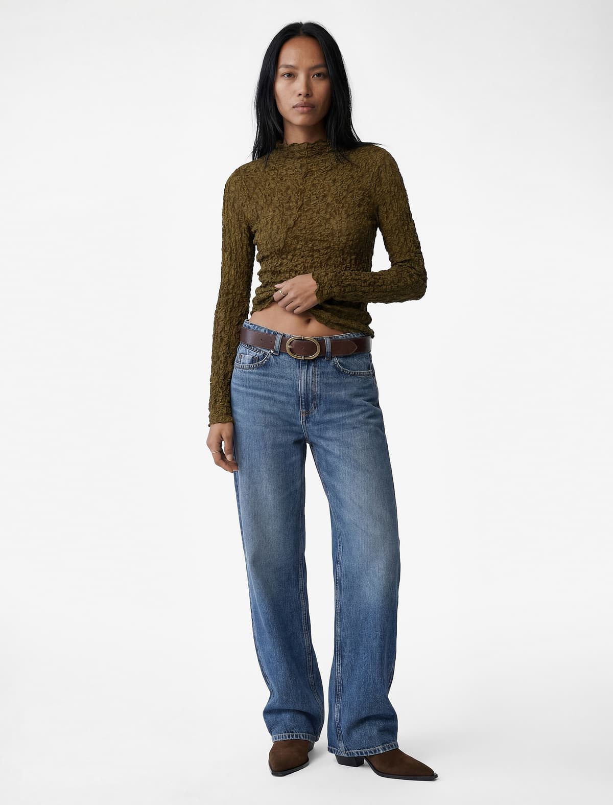Uzunqol Teksturalı Stend Yaxa Slim fit Tişört