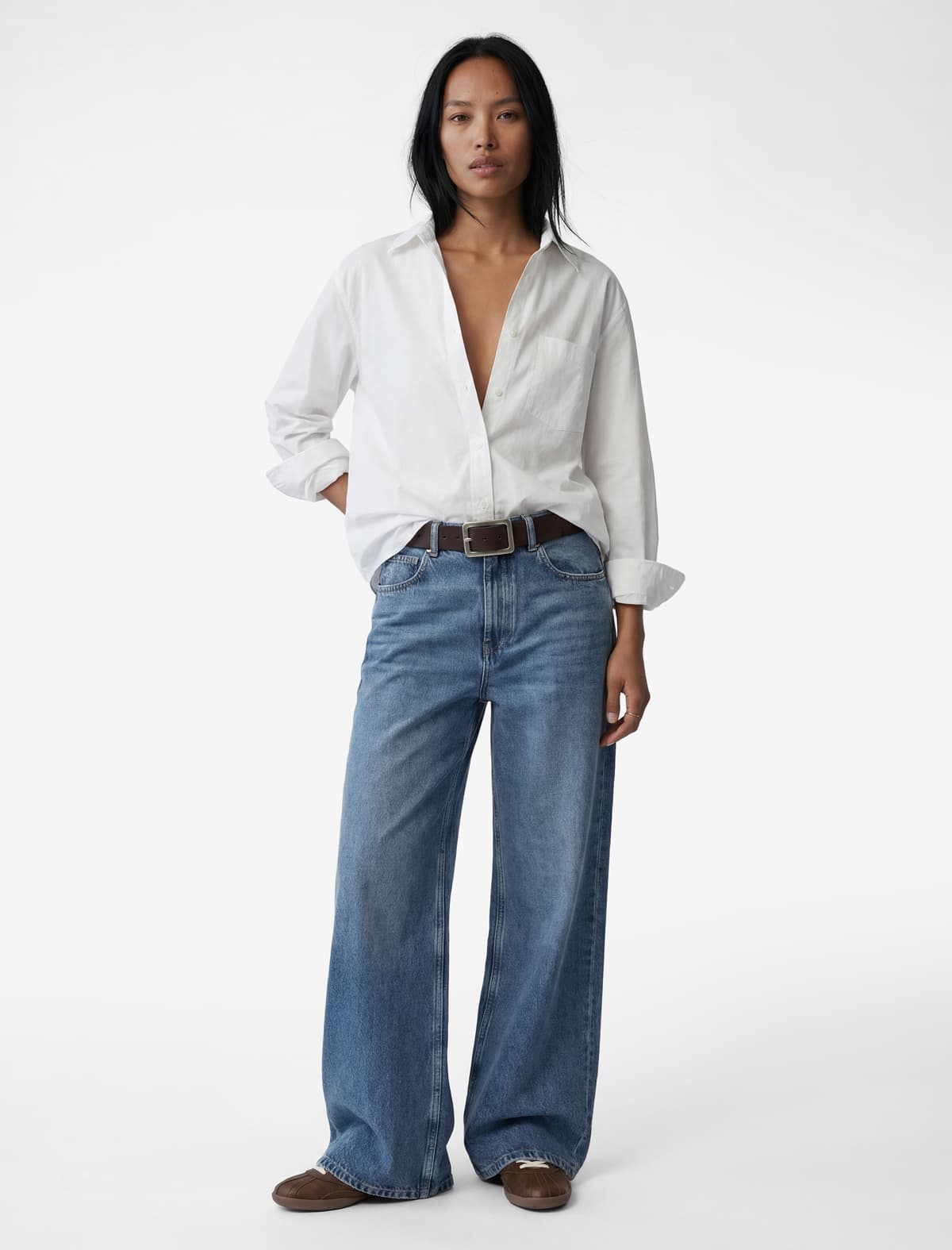 Normal fit Pambıq Uzunqol Poplin Tişört