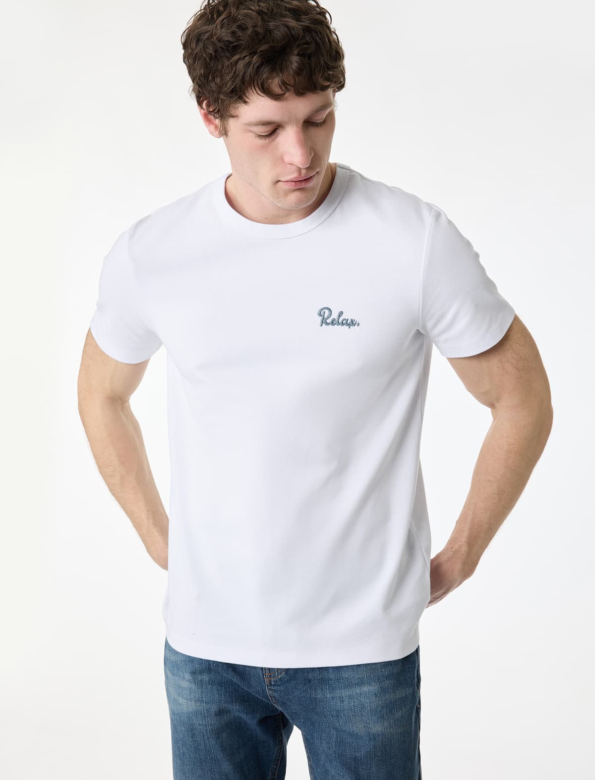 Slim Fit Qısaqol Pambıq Möhkəm Parça Ekipaj Yakalı Çaplı T-shirt