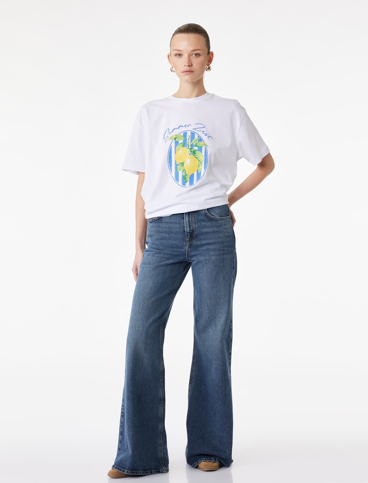 Pambıq Qısaqol Ekipaj Yaka Limon Çaplı T-shirt