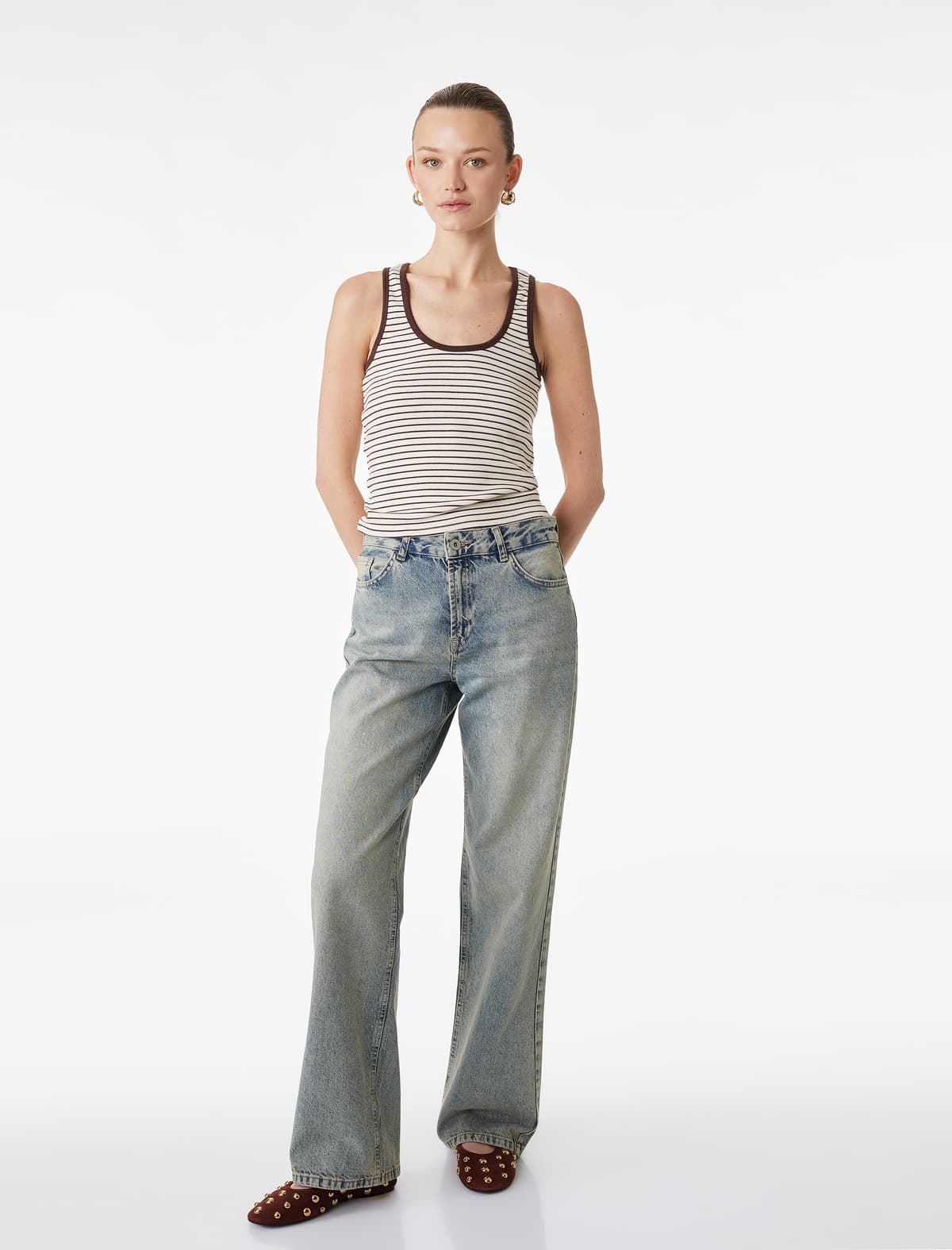Yüksək Bel Cib Pambıq Düz Ayaqlı Düz ​​Fit Denim Şalvar - Düz Cins