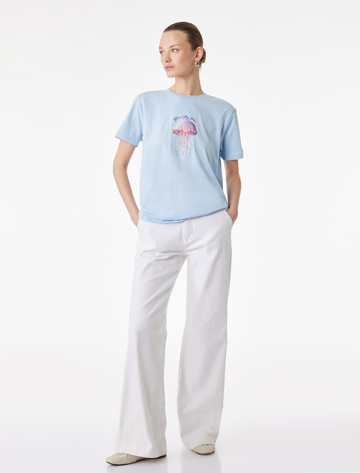 Pambıqdan Qısaqol Yakalı Çaplı T-shirt