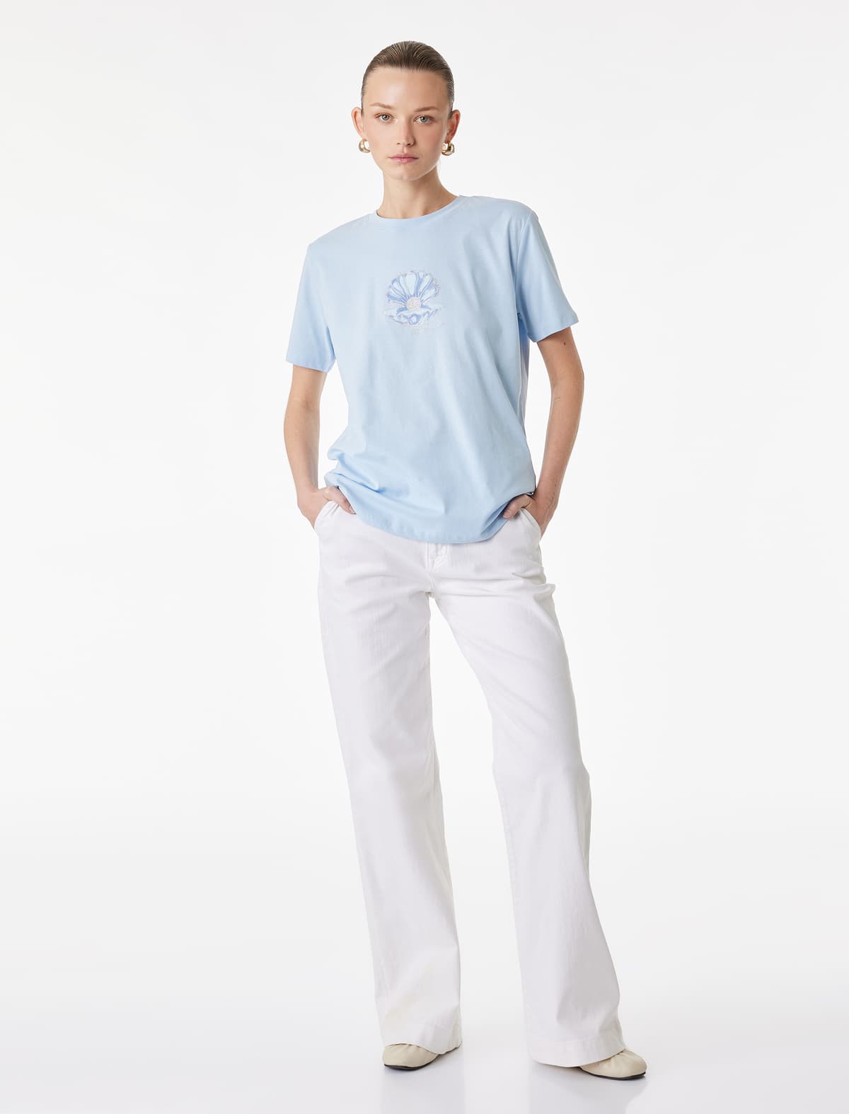 Pambıqdan Qısaqol Yakalı Qabıq Çaplı T-Shirt
