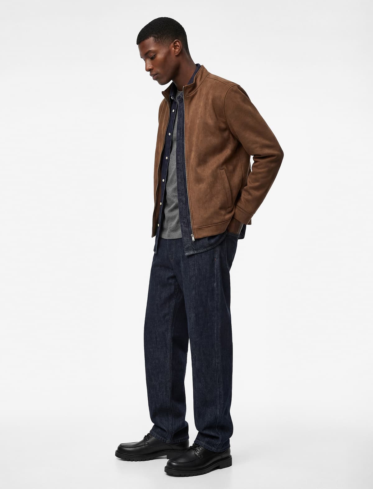 Uzunqol Yaxalı Cib Fermuarlı Slim fit Faux Süet Bomber Gödəkçə