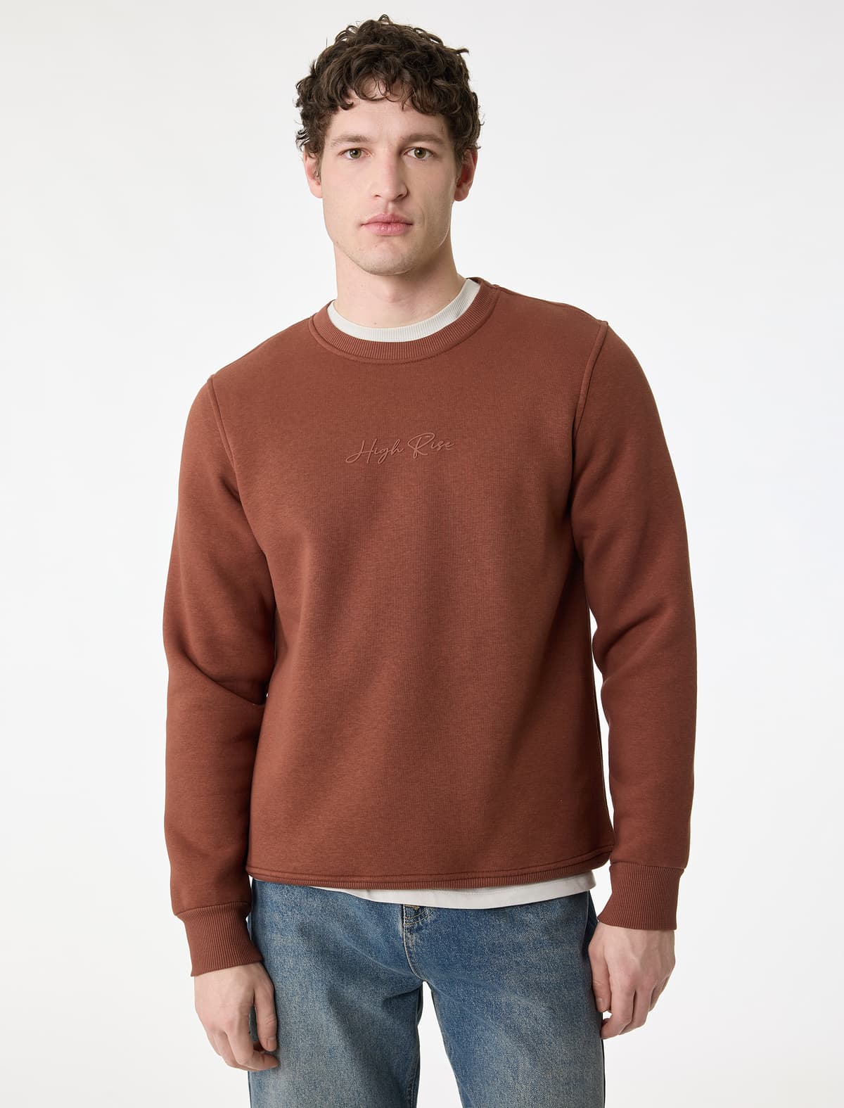 Normal Fit Uzunqol Qızılgülü Qızıl Yaxa Basic Çaplı Sweatshirt