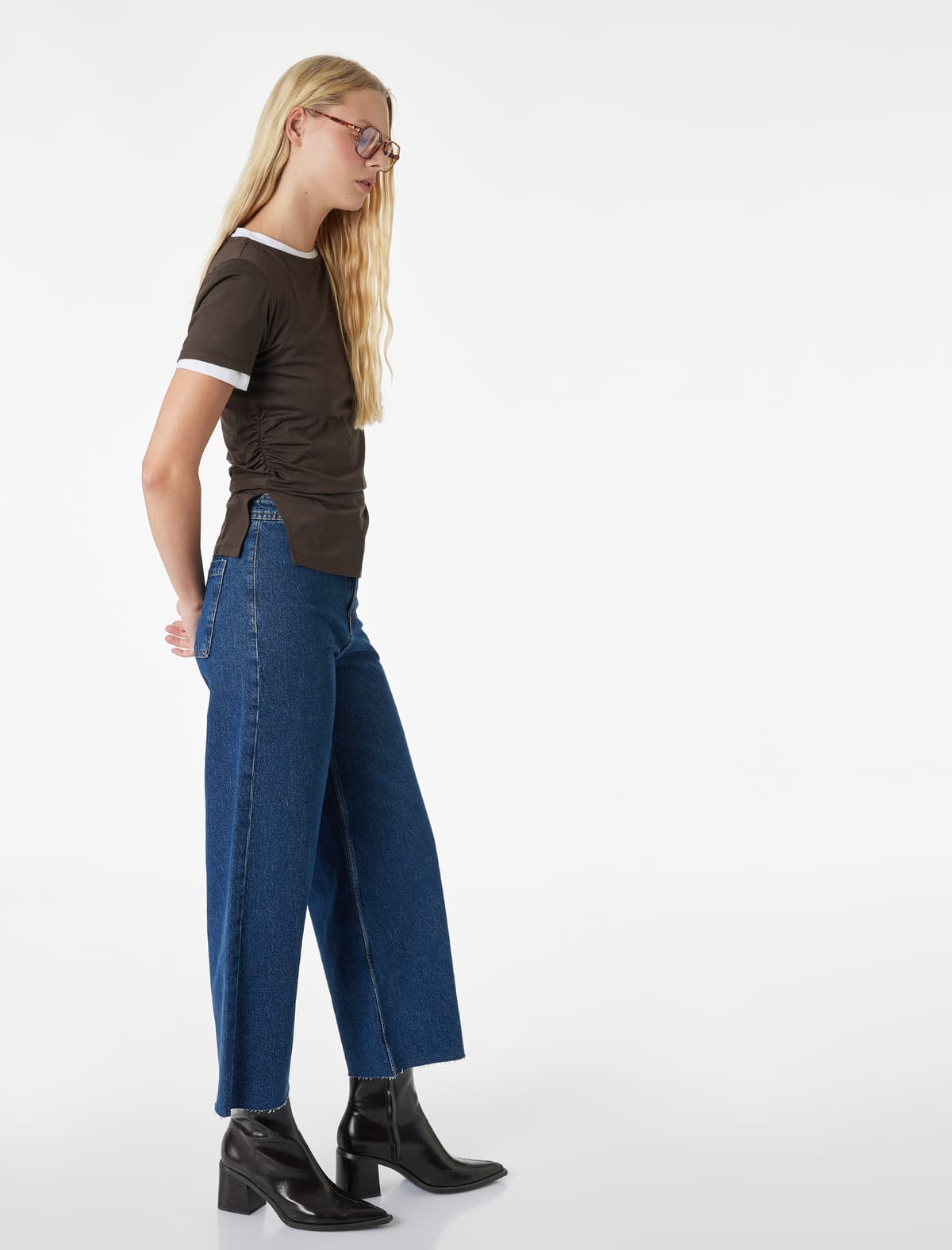 Düyməli Yüksək Bel Rahat kəsimli Denim Şalvar - Culotte Jeans