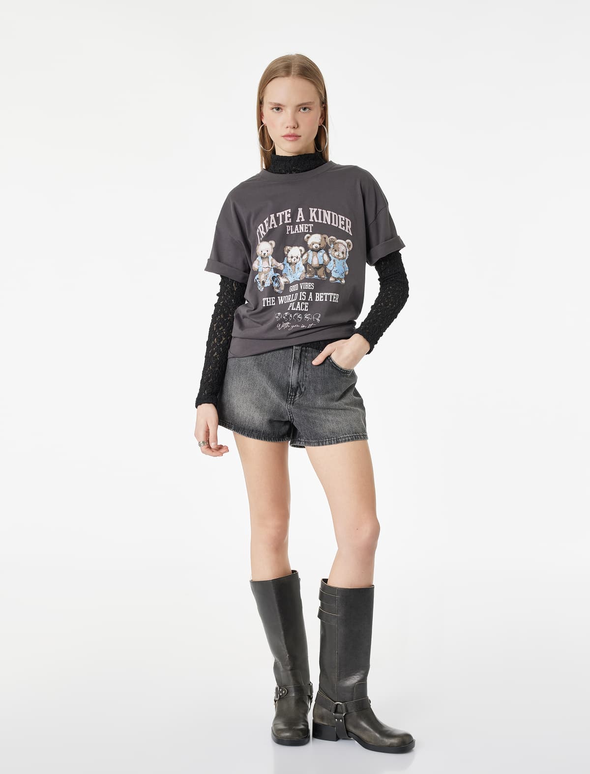 Böyük ölçülü Qısaqol Ekipaj Yakalı Teddy Bear Çaplı T-shirt