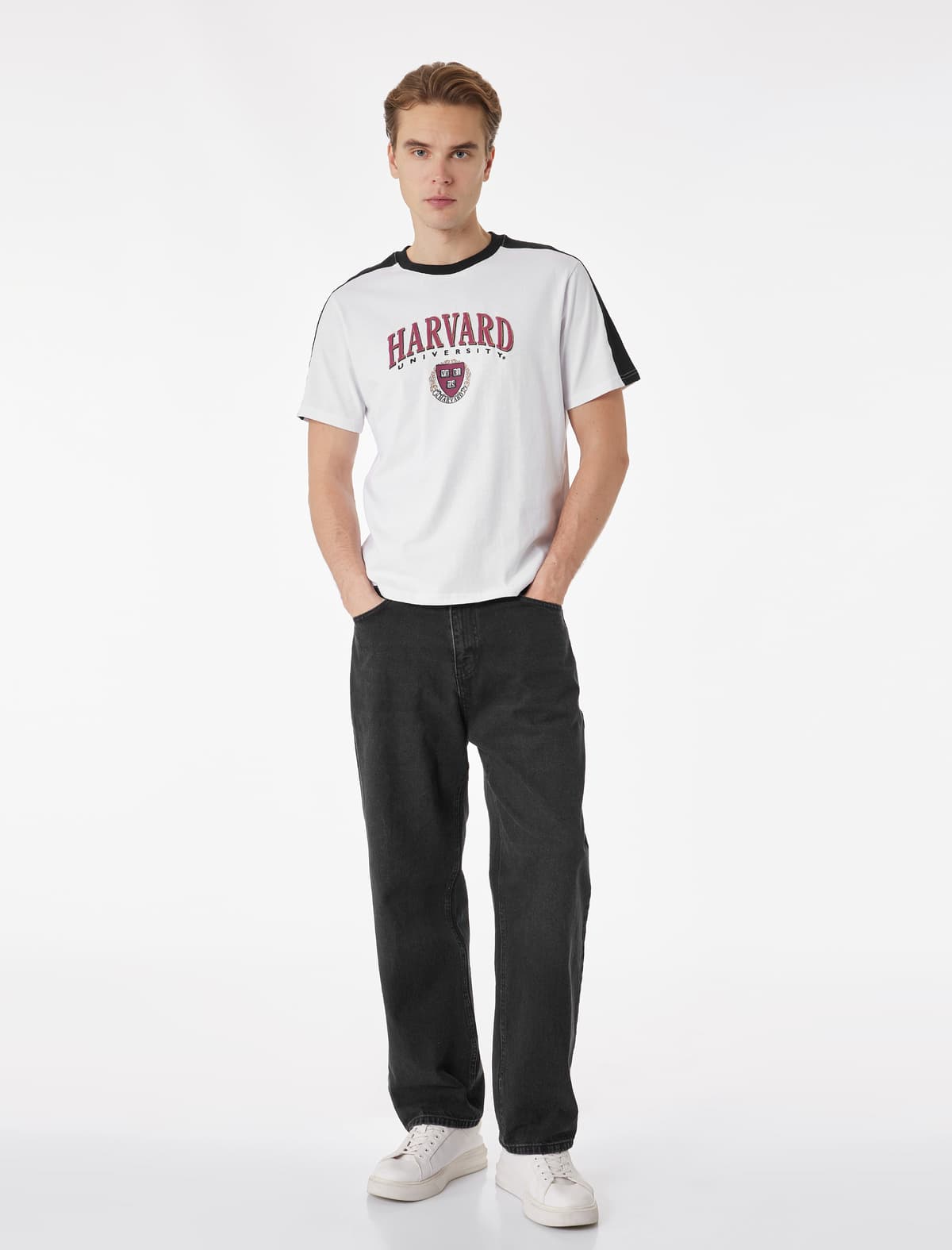 Normal fit Qısaqol Rəng Kontrastlı Yaxa Yaxalı Harvard Məzunları üçün tişört