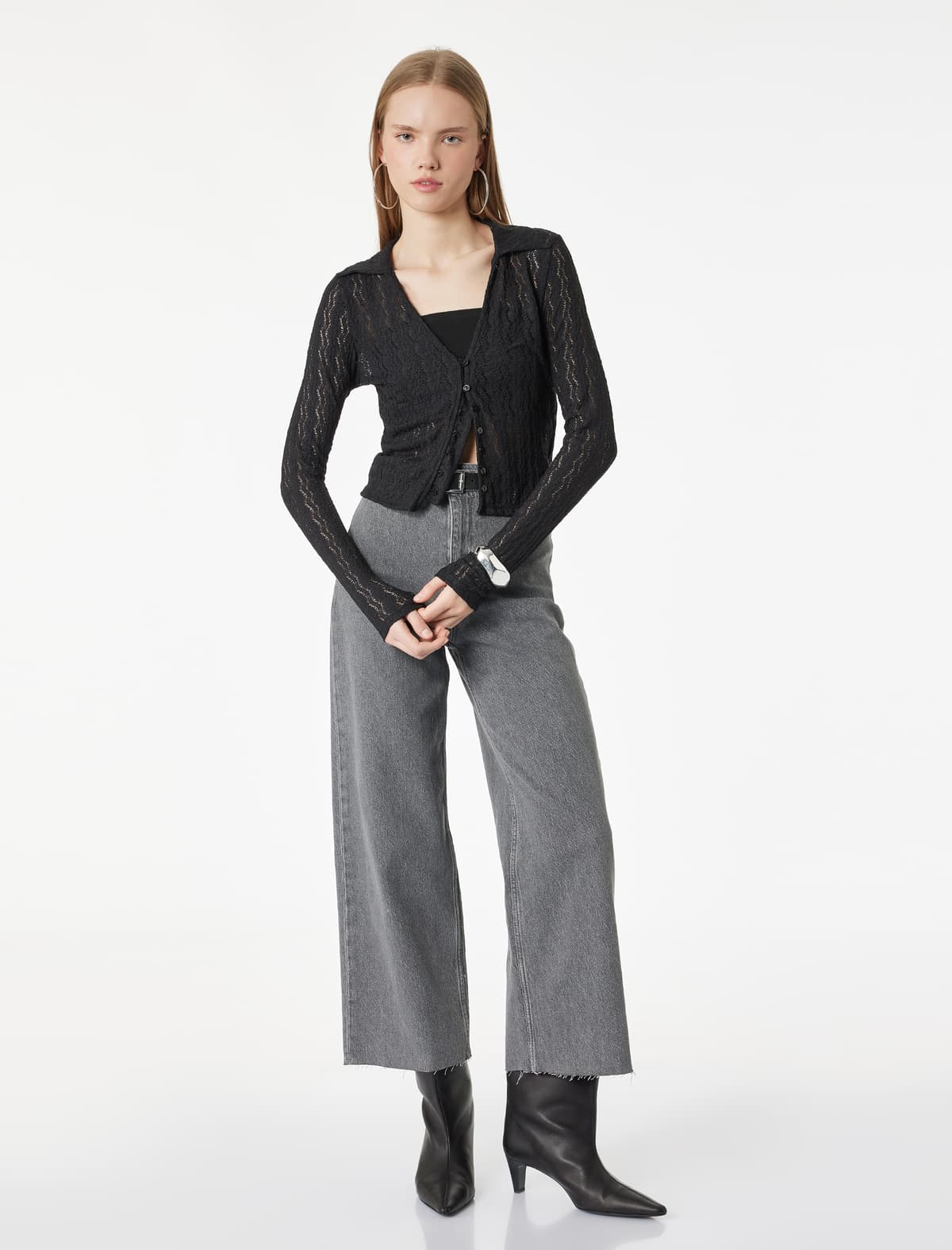 Düyməli Yüksək Bel Rahat kəsimli Denim Şalvar - Culotte Jeans