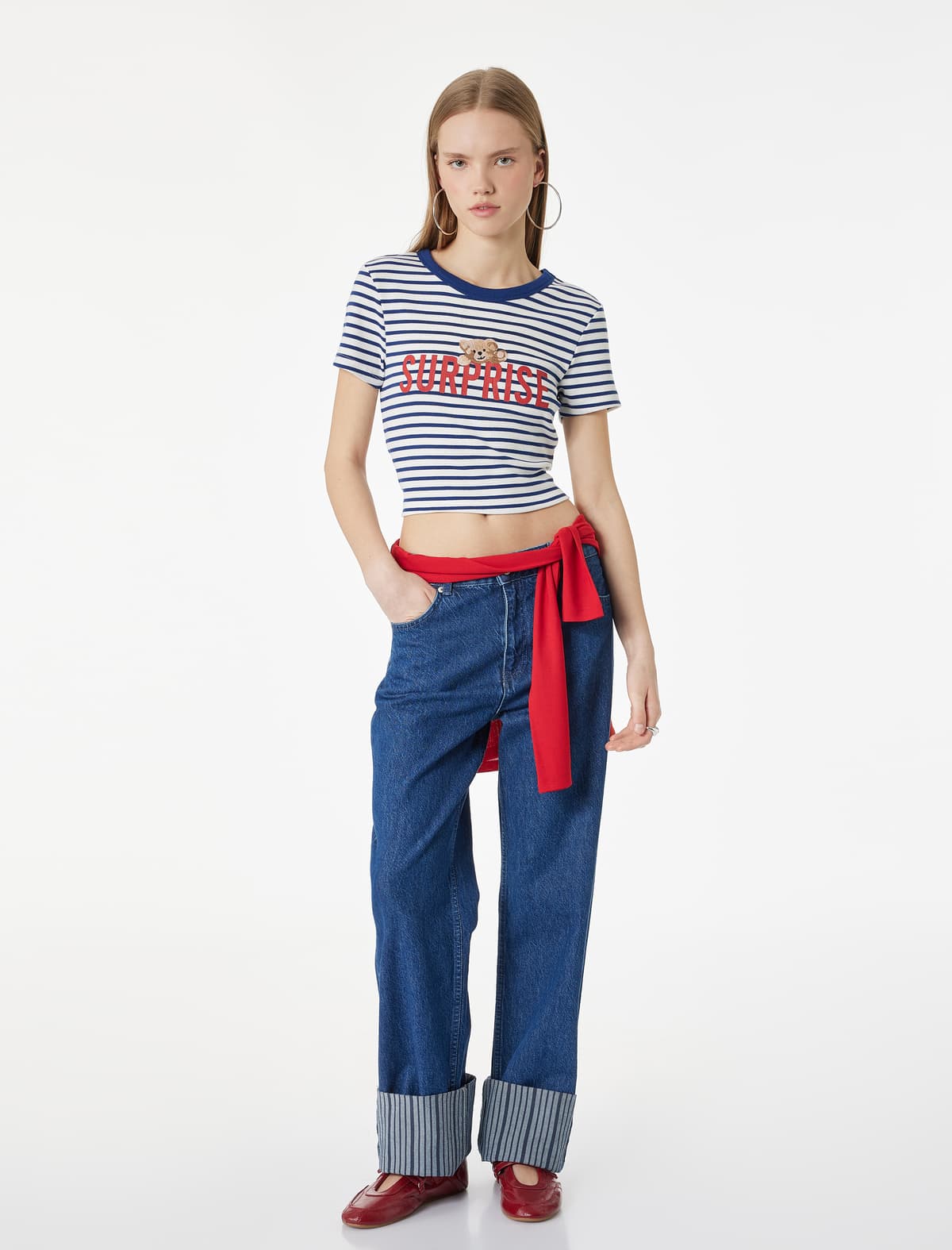 Slim fit Qısaqol Dəyirmi yaxa Teddy Bear Çaplı Tişört