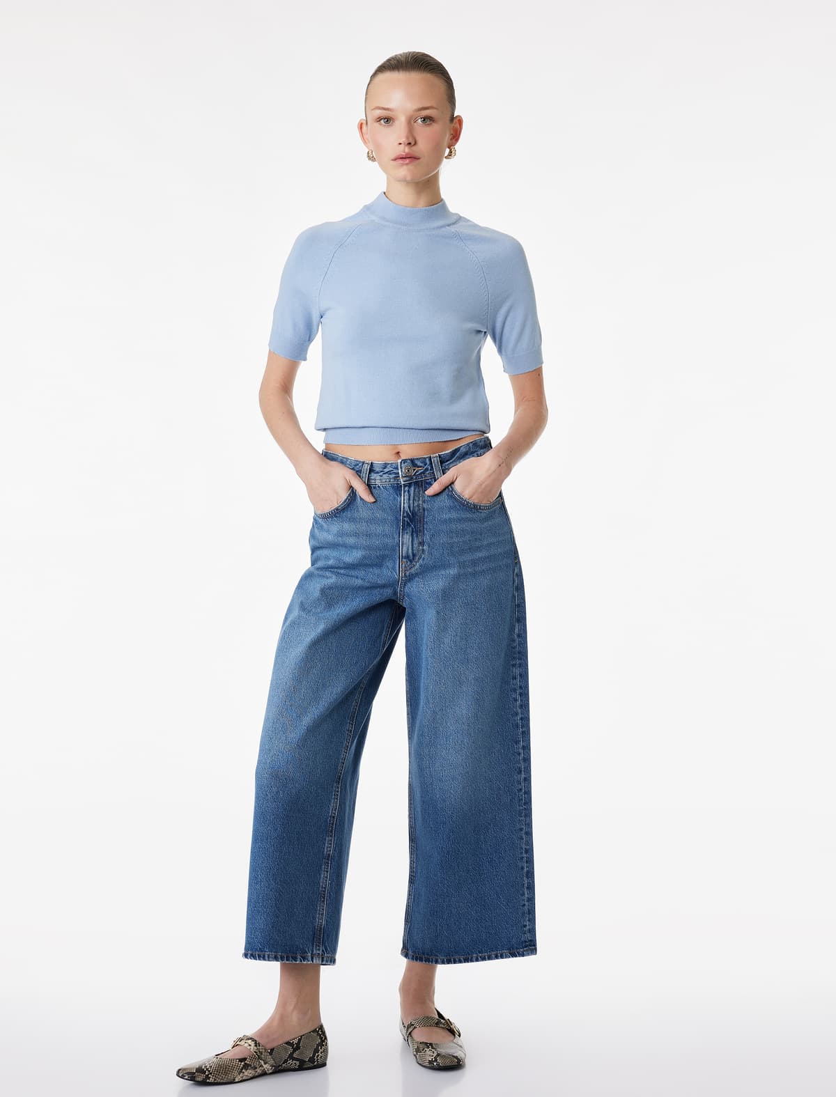 Qısa Geniş Paçalı Pambıq Normal fit Denim Şalvar - Crop Geniş Paçalı Jeans
