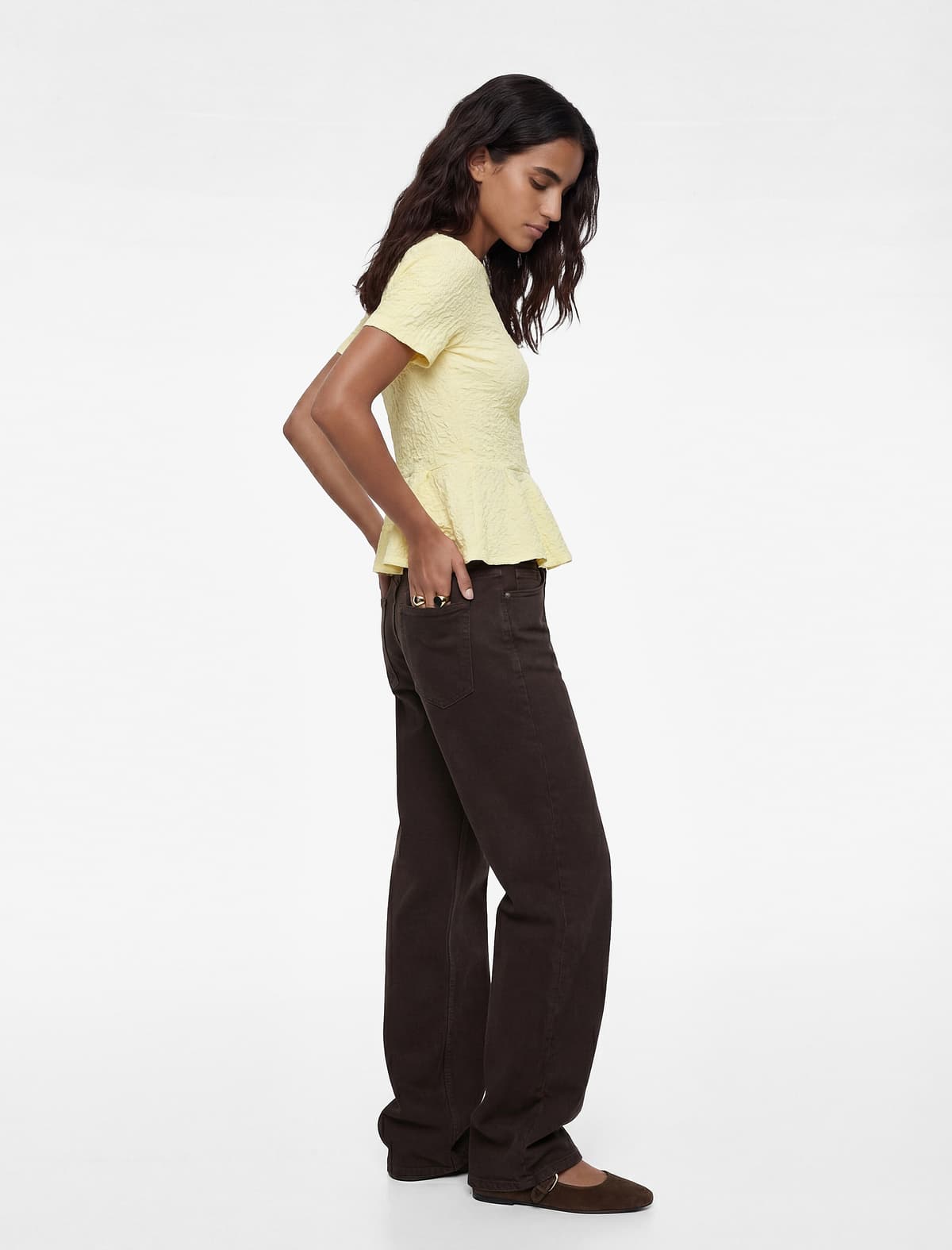 Slim fit Dəyirmi yaxa Qısaqol Teksturalı Peplum Bluza