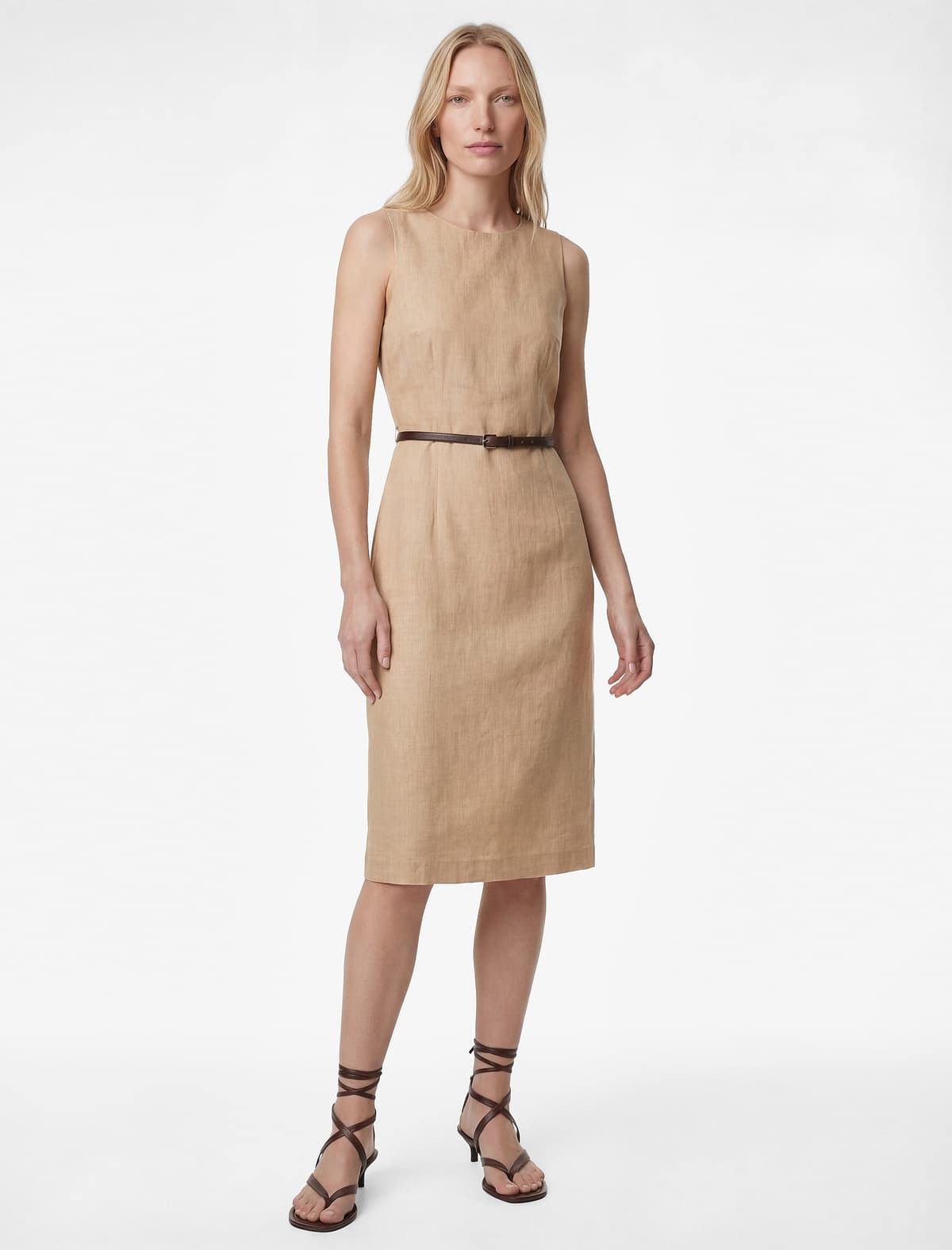 Kəmər Detallı Slim fit Qolsuz Qıvrım Yaxa A-Line Midi Don