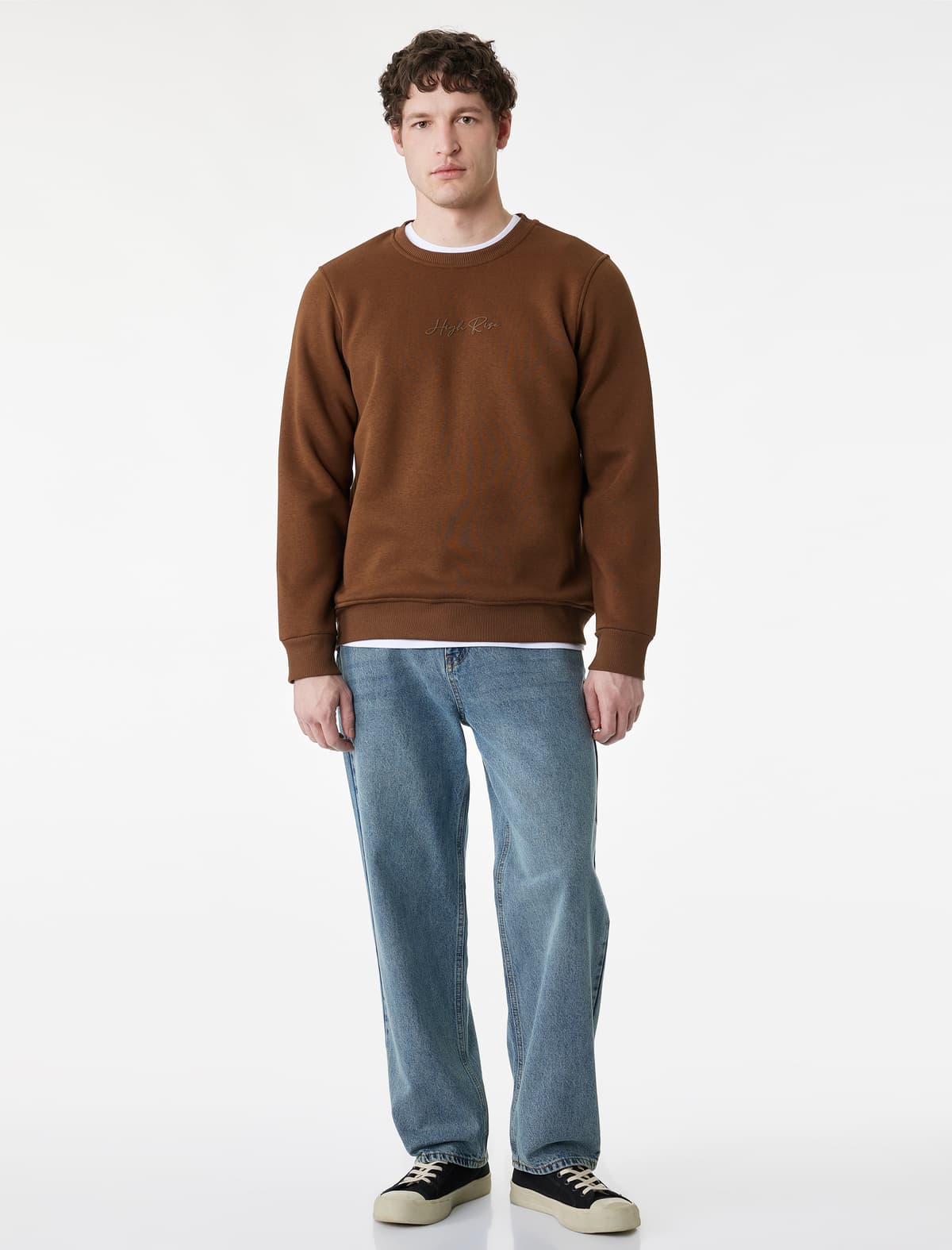 Normal Fit Uzunqol Qızılgülü Qızıl Yaxa Basic Çaplı Sweatshirt