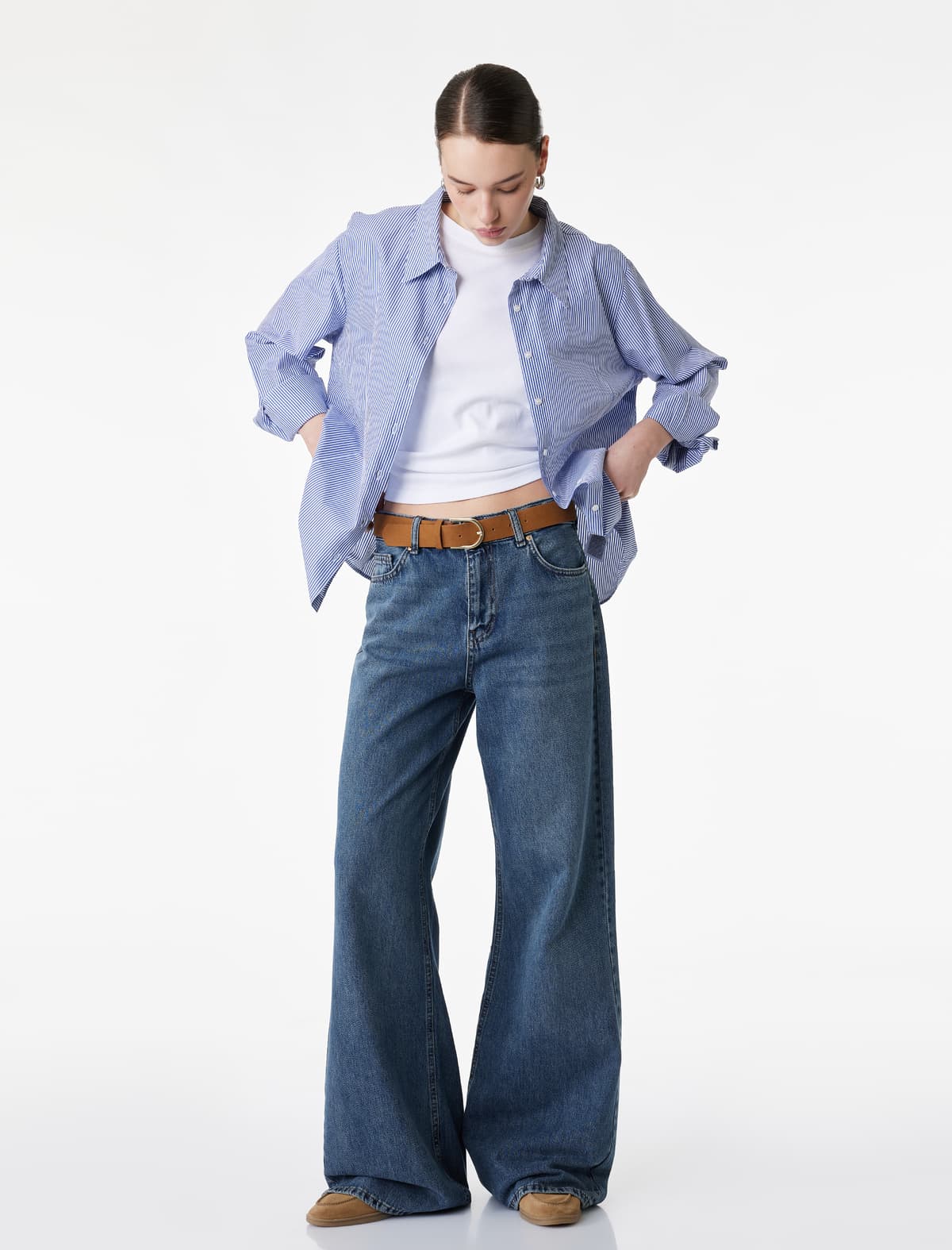 Pambıq kəmərli Flare Denim Şalvar - Flare Jeans