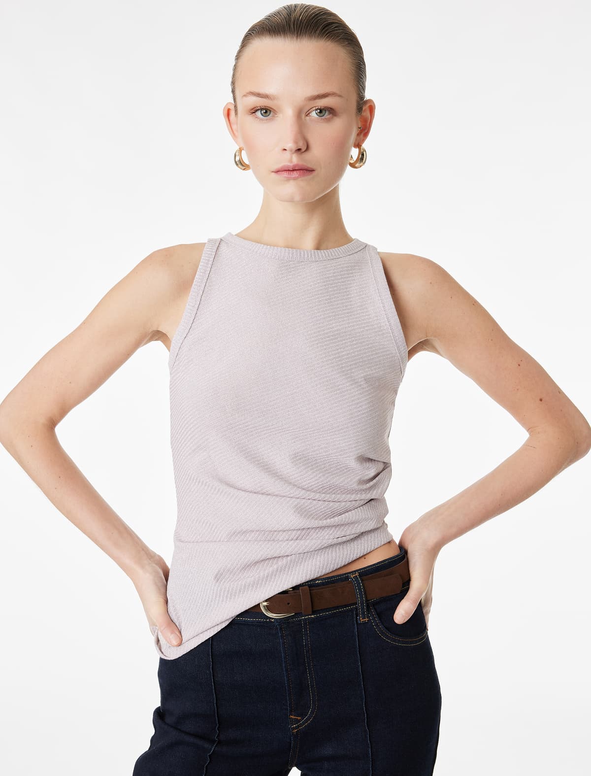 Slim fit Asimmetrik Kəsilmiş Draplı Metal Yivli Detallı Parıltılı Kordonlu Bluza