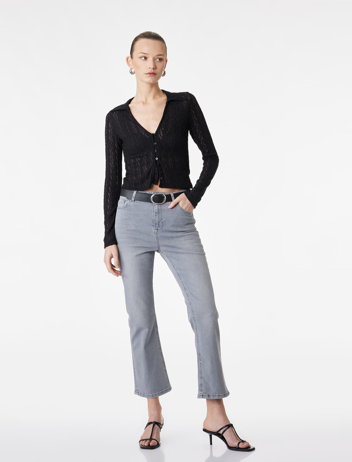 Slim Fit Normal Bel Cibli Alovlu Cins Şalvar - Flare Jeans
