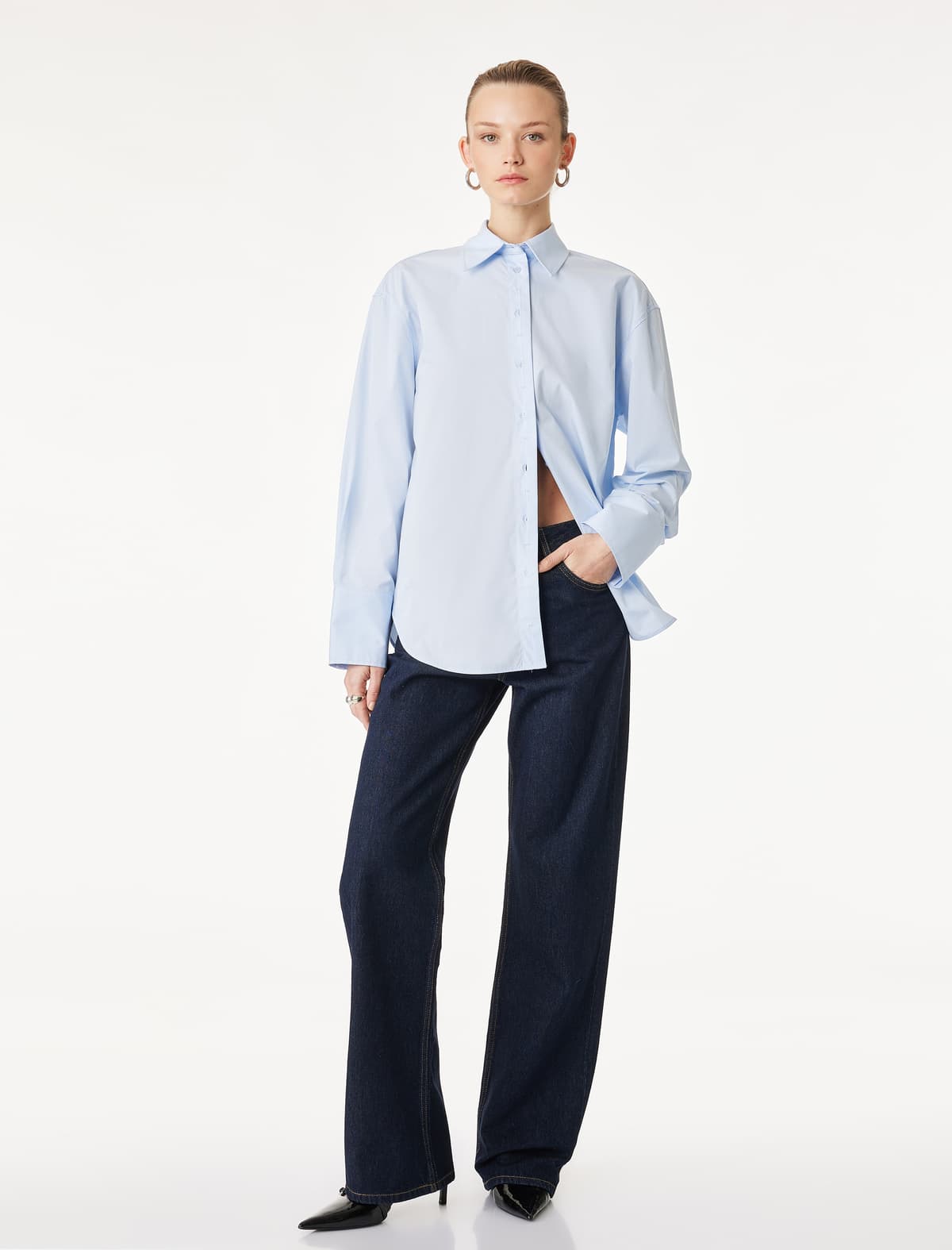 Normal fit Pambıq Uzunqol Poplin Tişört