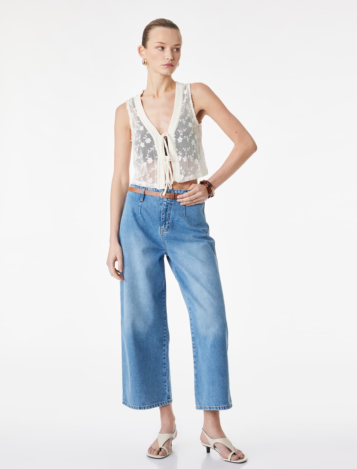 Yüksək Bel Pambıq Kəmərli Qısa Geniş Paçalı Denim Şalvar - Geniş Paçalı Jean