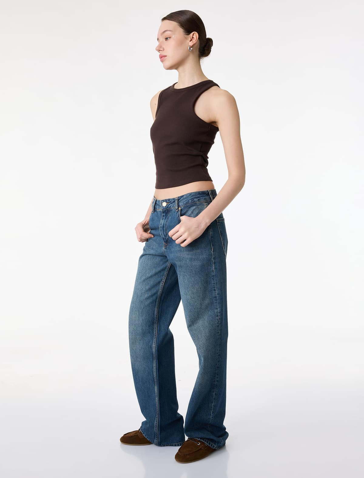 Normal Bel Cib Düyməli Düz Paçalı Pambıq Denim Şalvar - Straight Fit Jean