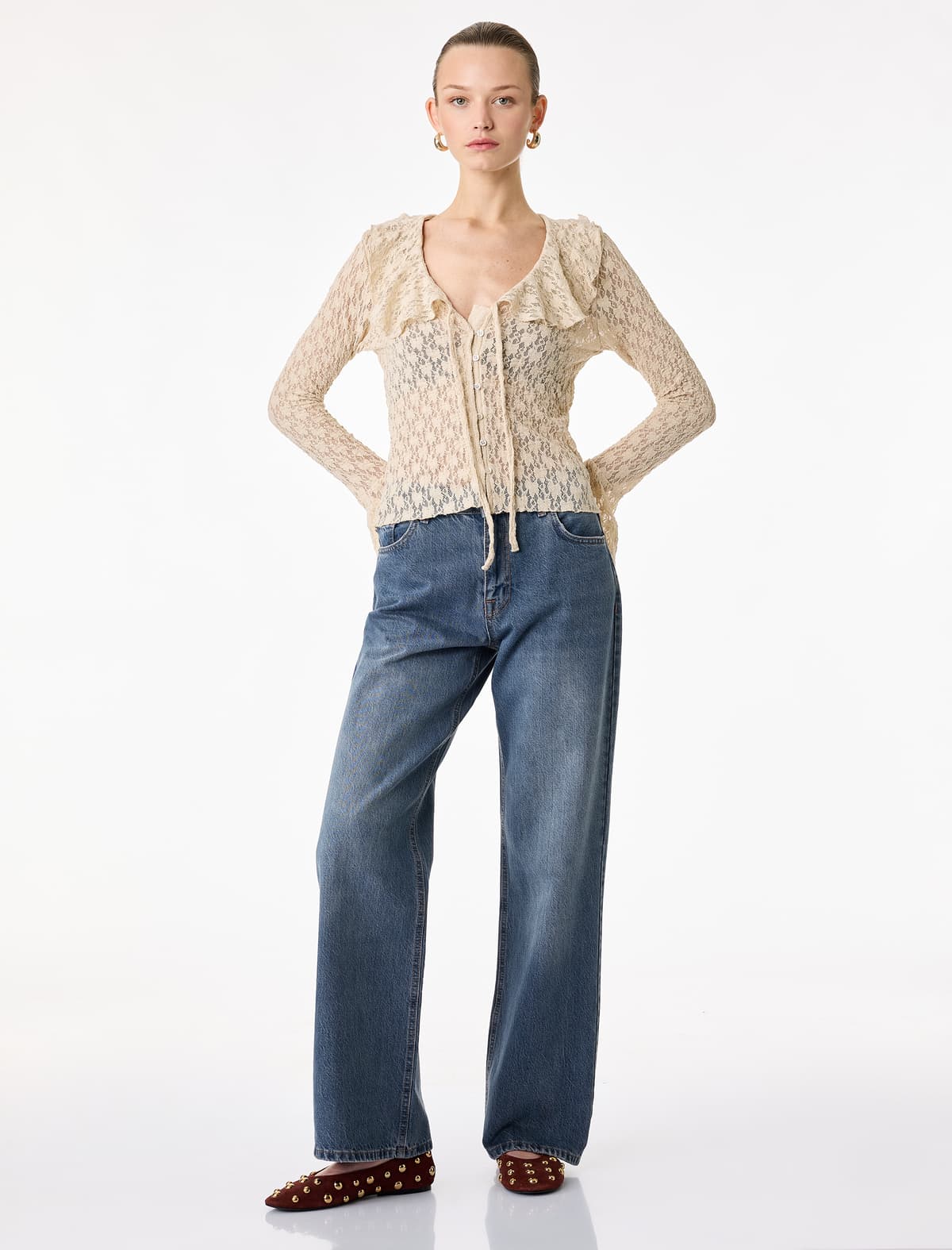Pambıq Cib Düyməli Yüksək Bel Düz Paçalı Denim Şalvar - Straight Fit Jean