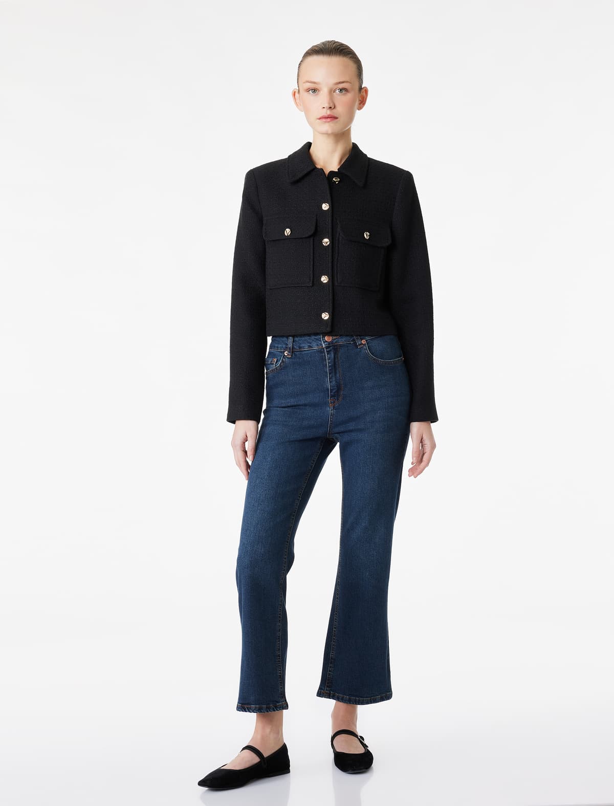Slim fit Normal Bel Cibli Alovlu Cins Şalvar - Flare Jeans
