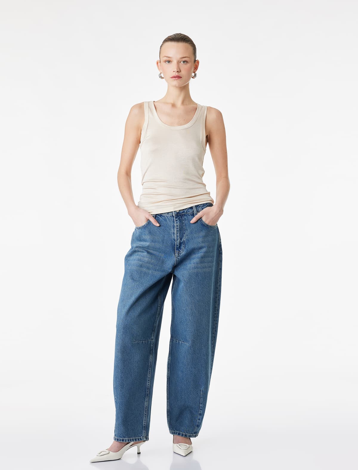 Pambıq Rahat biçimli Normal Paçalı Balon Denim Şalvar -Balon Jean