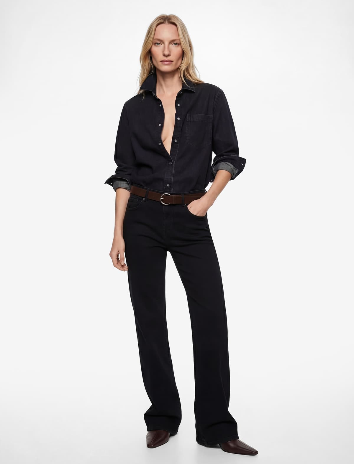 Slim-Fit Kəmərli Düyməli Flared Denim Şalvar - Flare Jeans