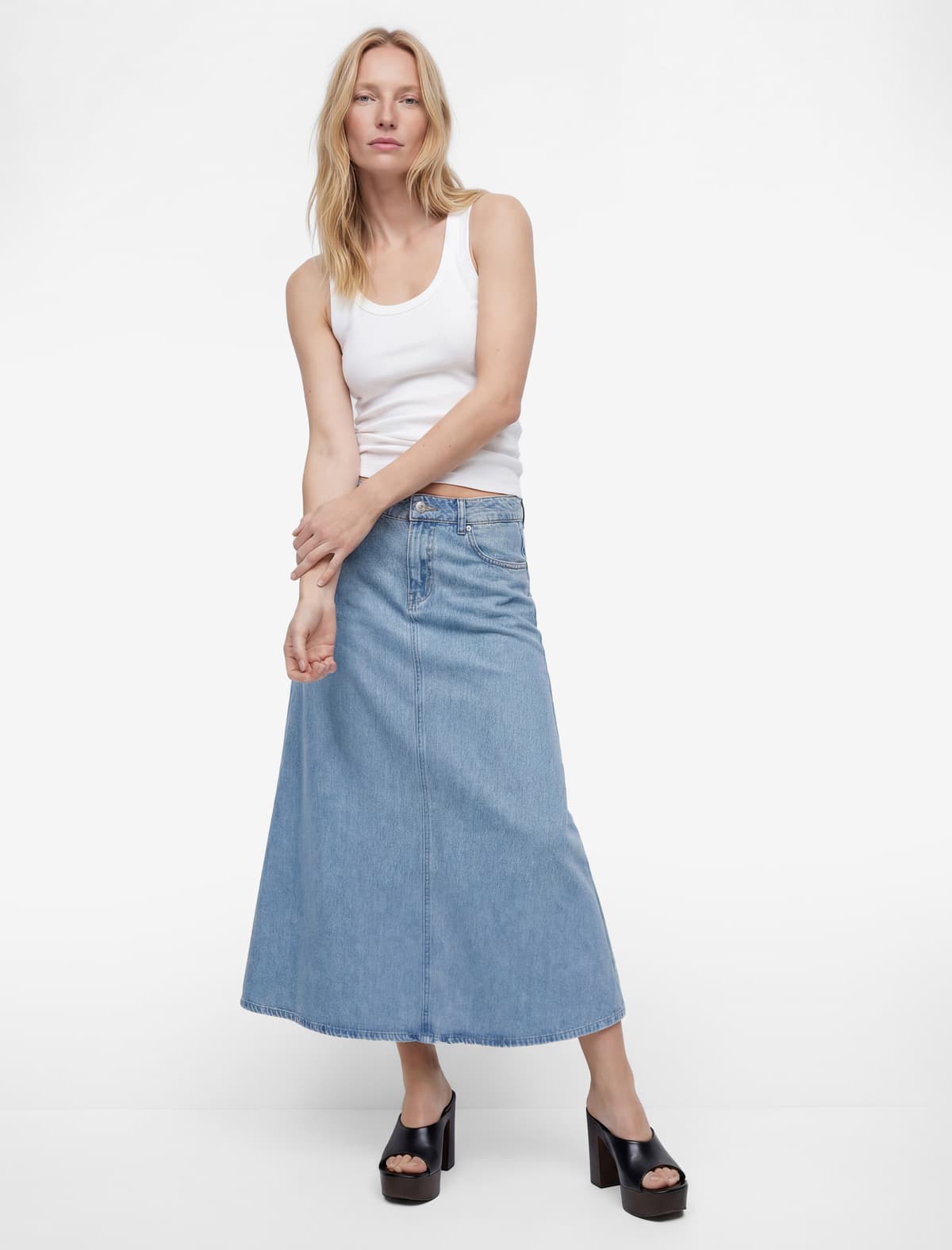 Pambıq Düyməli Flounce Uzun Denim Etek