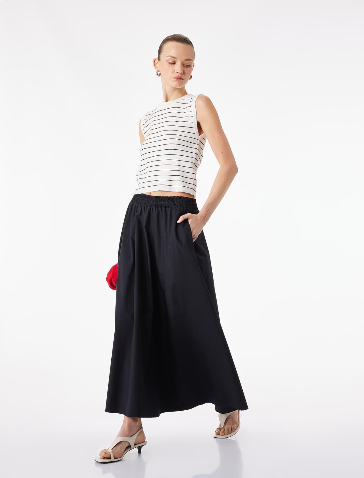 Elastik Belli Pambıq A-Line Poplin Midi Etek