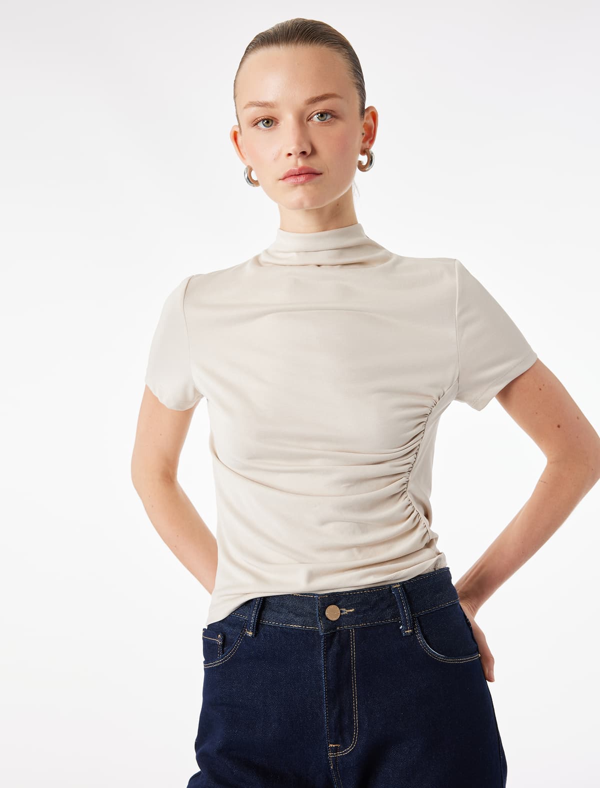 Modal Qarışıq Slim fit Drap Detaylı Yüksək Yaxa Qısaqol tişört