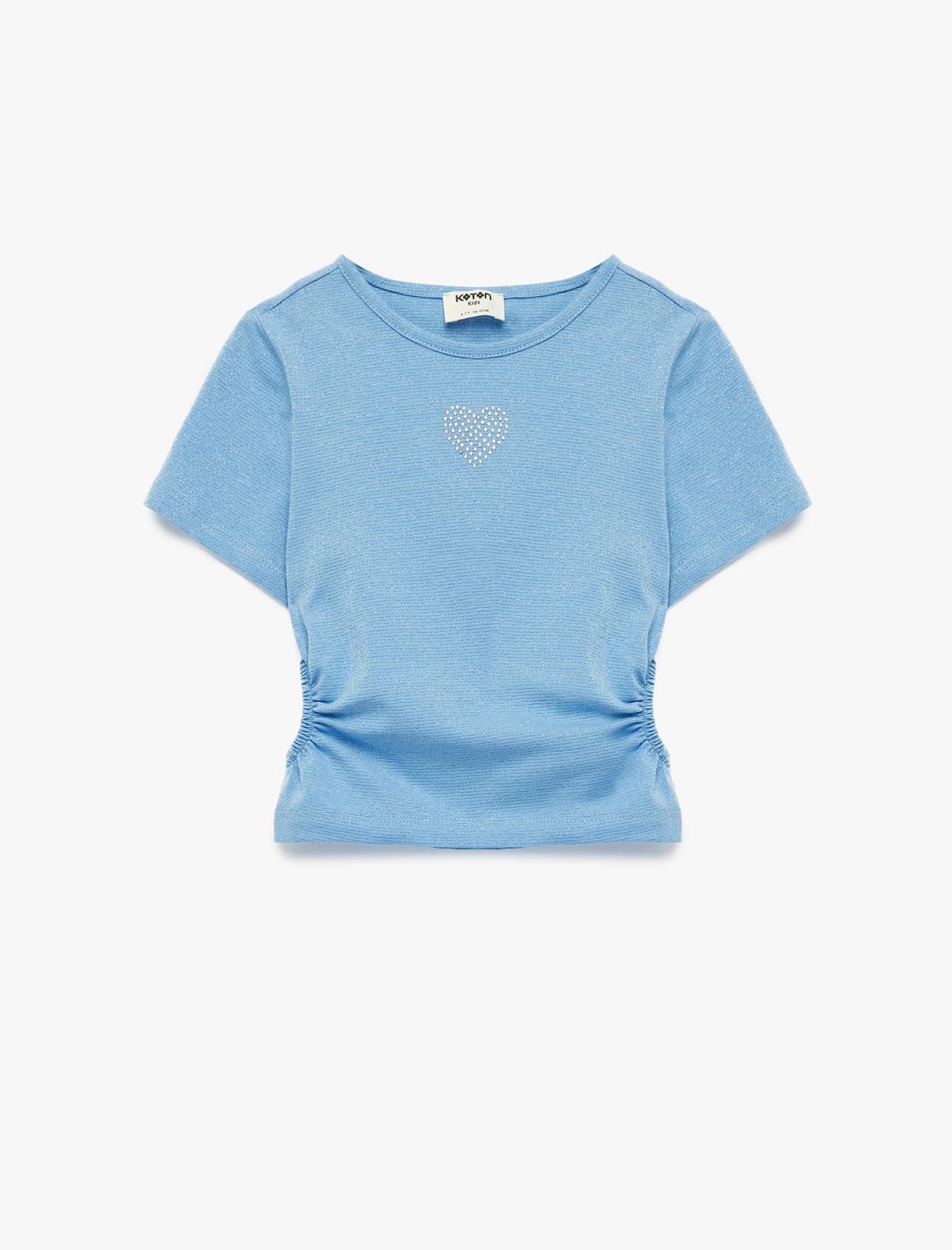 Dəyirmi yaxa Slim fit Ürək Daşlı Yığma Detallı Pambıq Qısaqol Crop Kofta