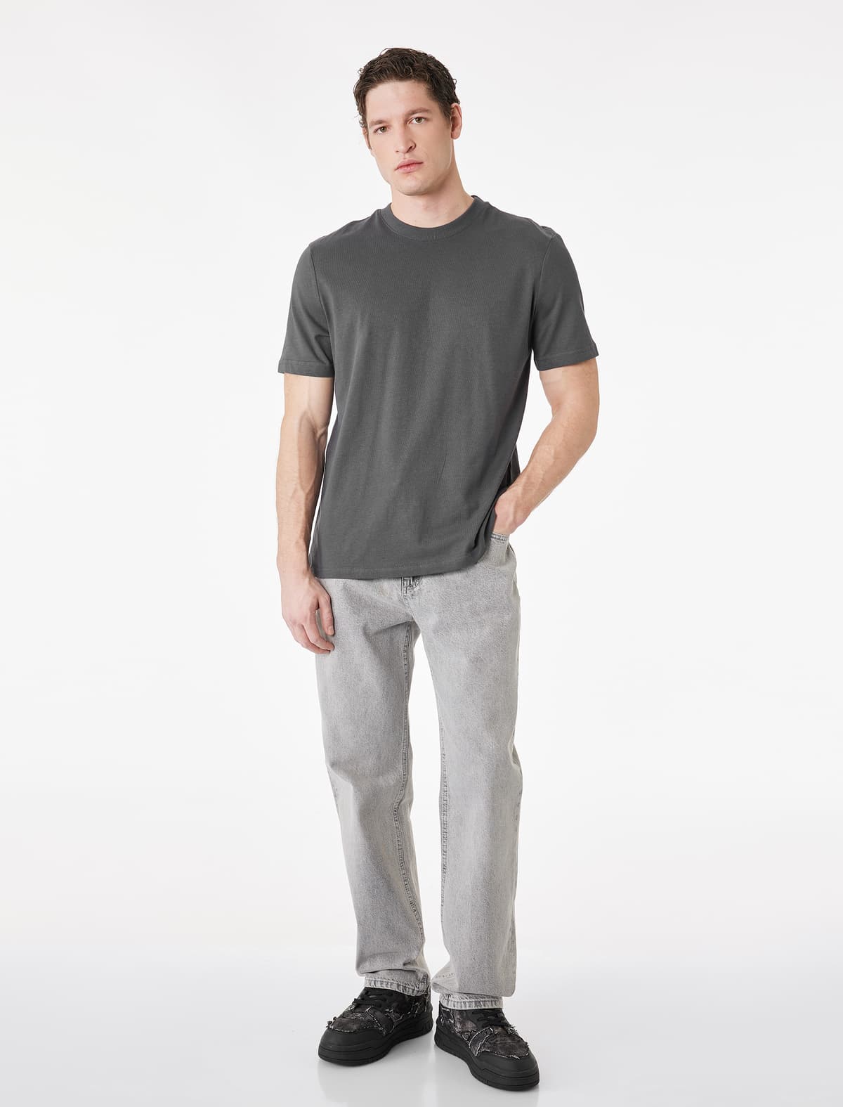 Normal Fit Crew Yaka Pambıq Basic Qısaqol köynək
