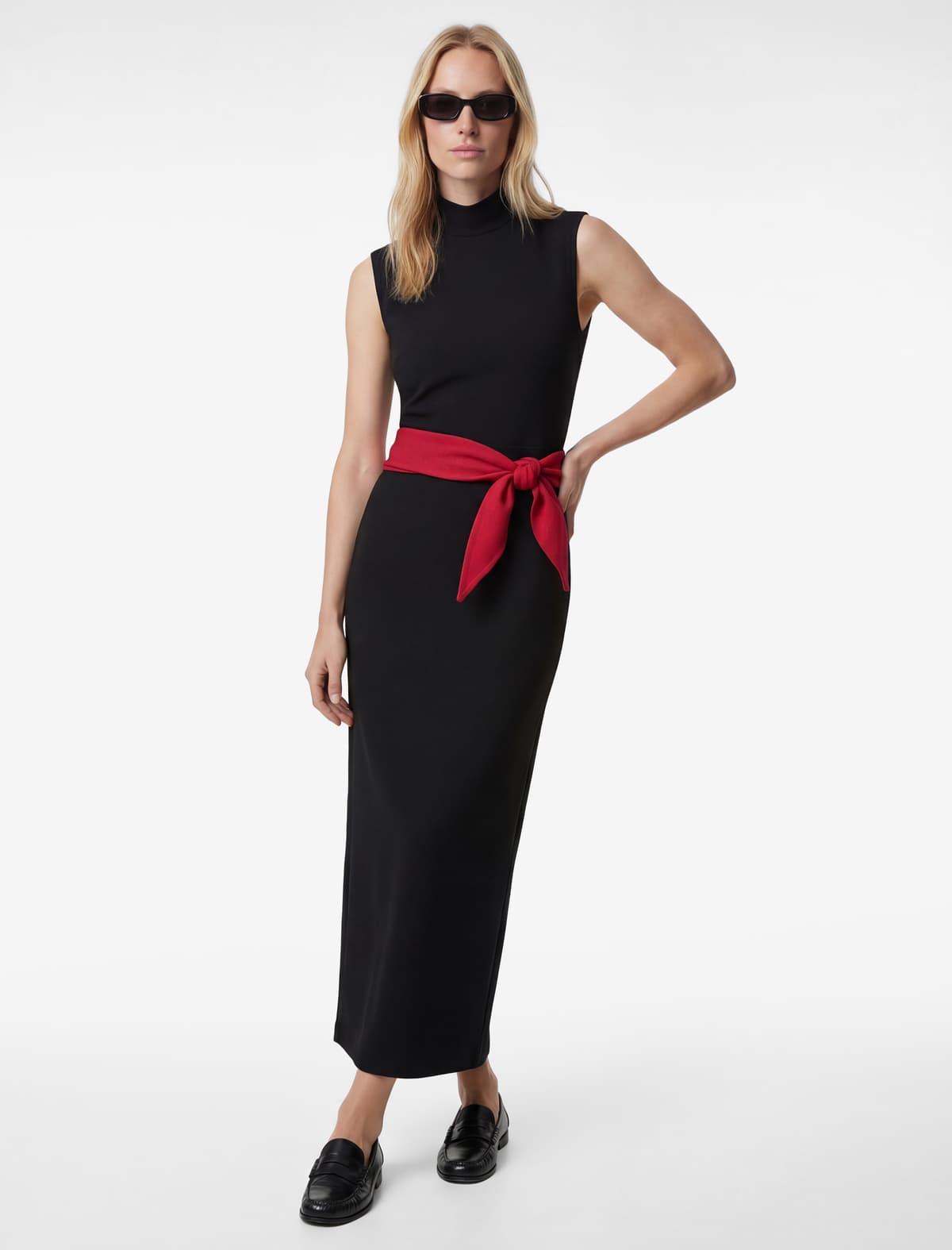 Krep Skuba Parçalı Yüksək Yaxalı Qolsuz Slim fit Midi Paltar