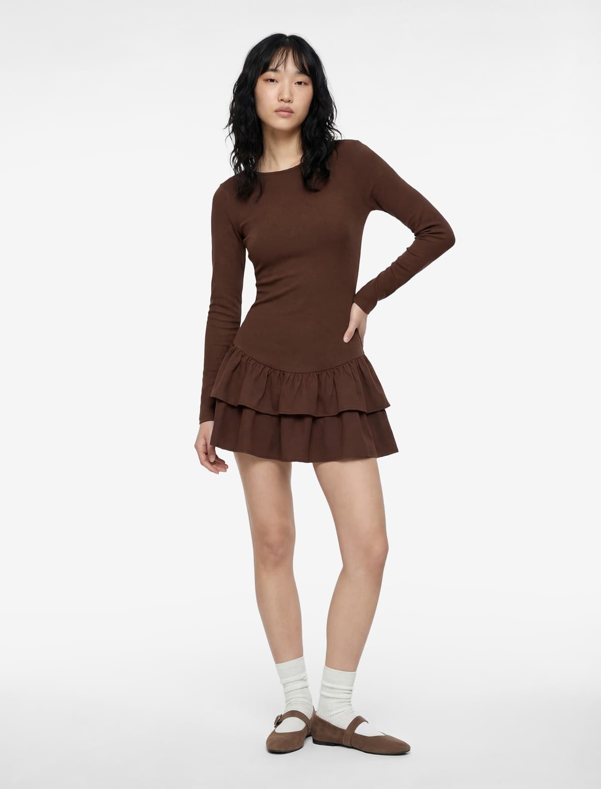 Slim fit Uzunqol Yaxalı Qabaqlı Flounce Mini Don