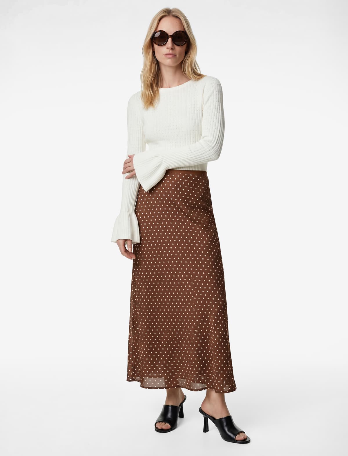 Slim Fit Polka Dot Satin Midi Etek