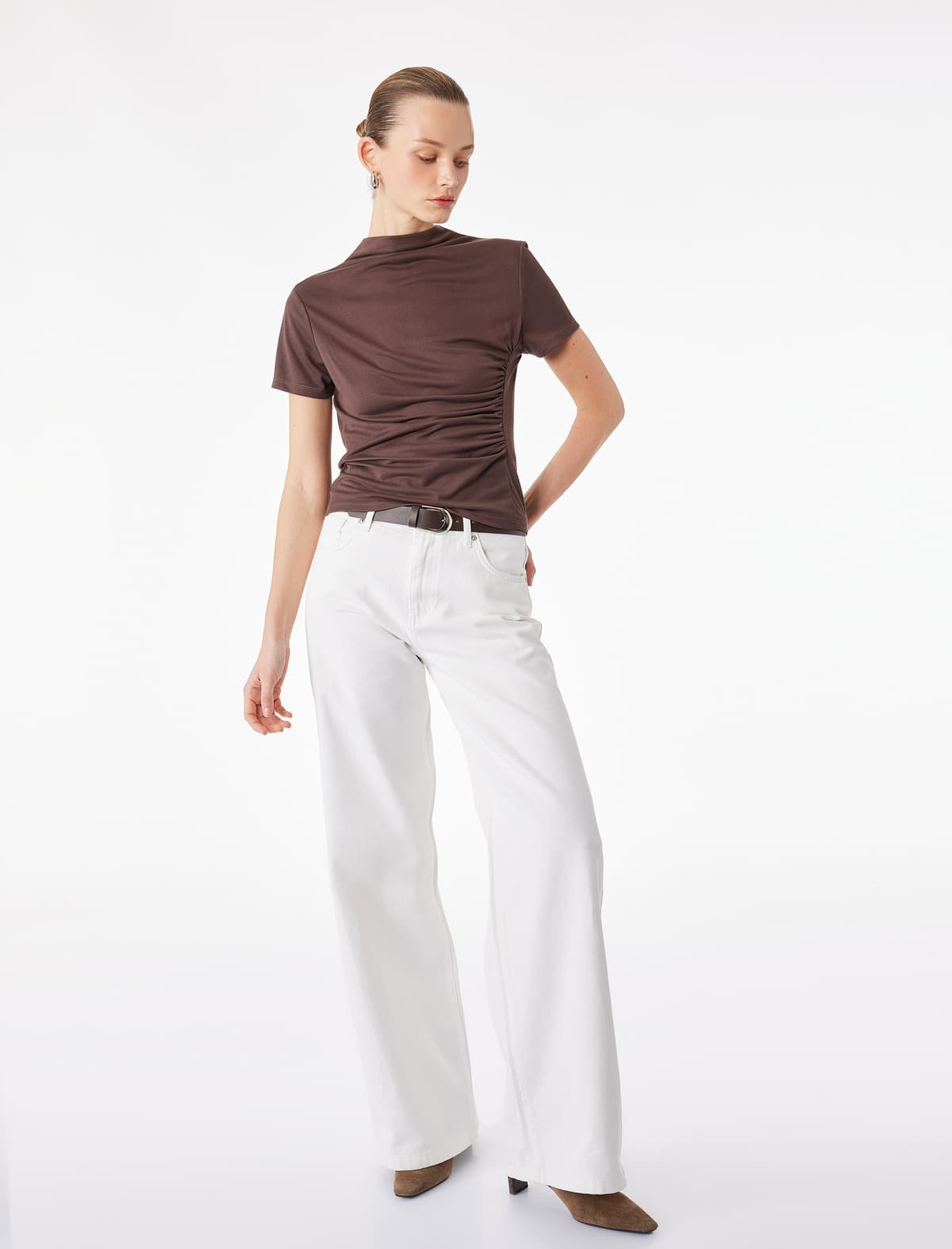 Modal Qarışıq Slim fit Drap Detaylı Yüksək Yaxa Qısaqol tişört