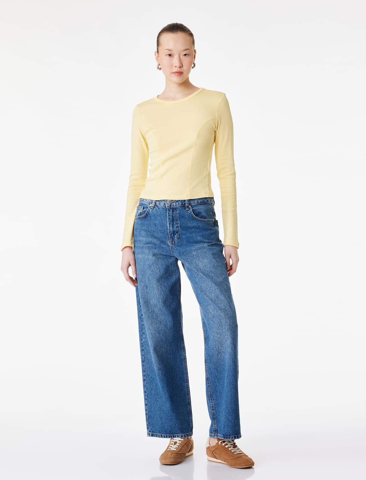 Pambıq Slim fit Uzunqol Dəyirmi yaxalı Tikiş Detallı tişört