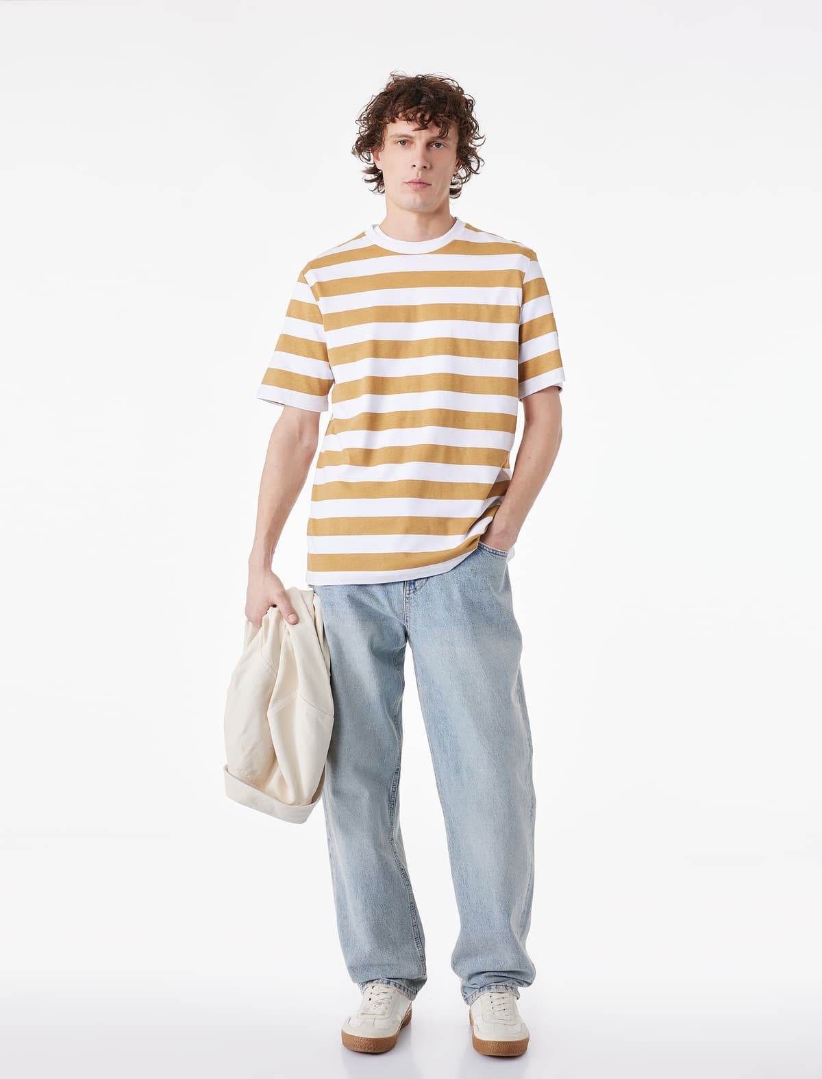 Normal fit Qısaqol Yaxalı Pambıq Zolaqlı Tişört