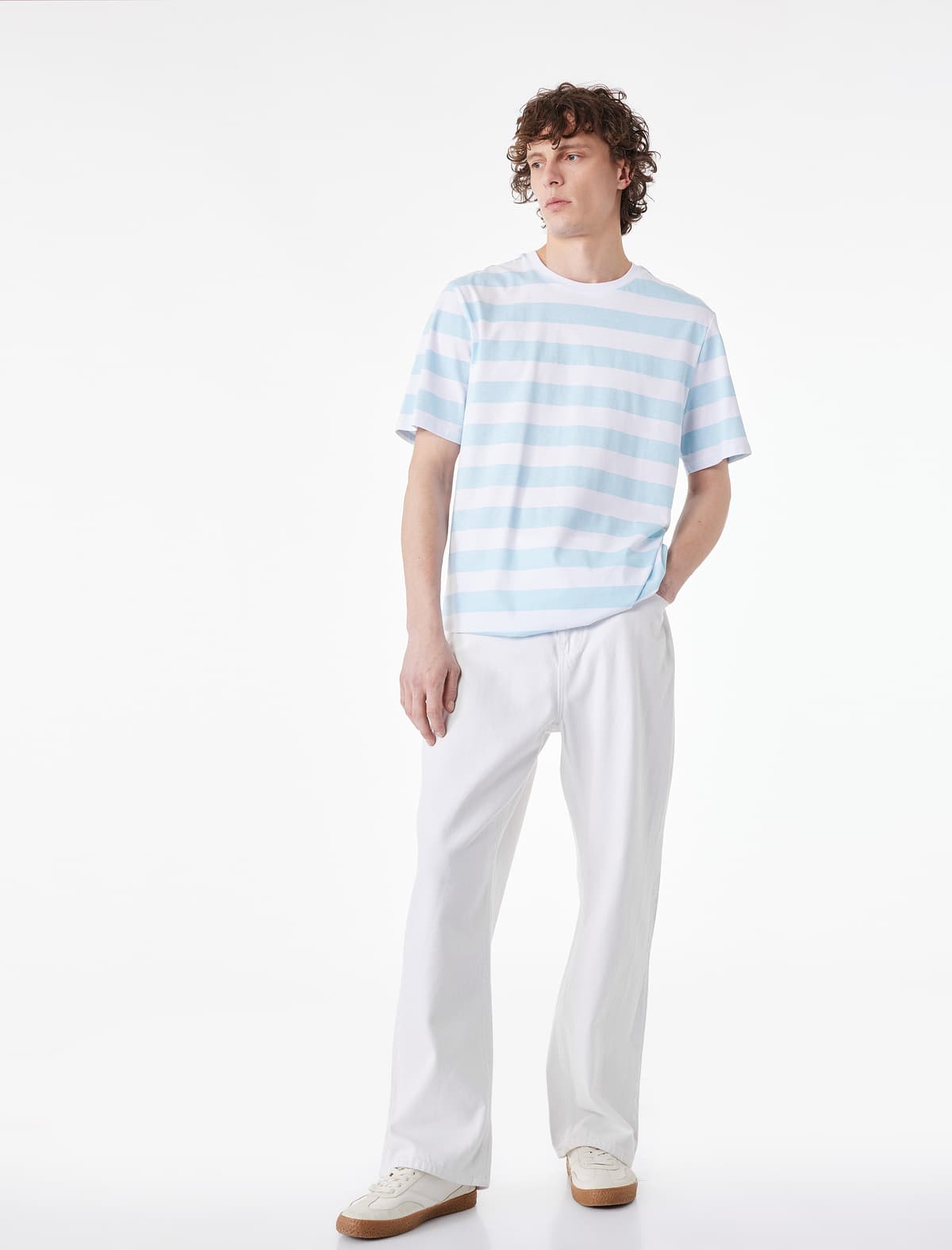 Normal fit Qısaqol Yaxalı Pambıq Zolaqlı Tişört