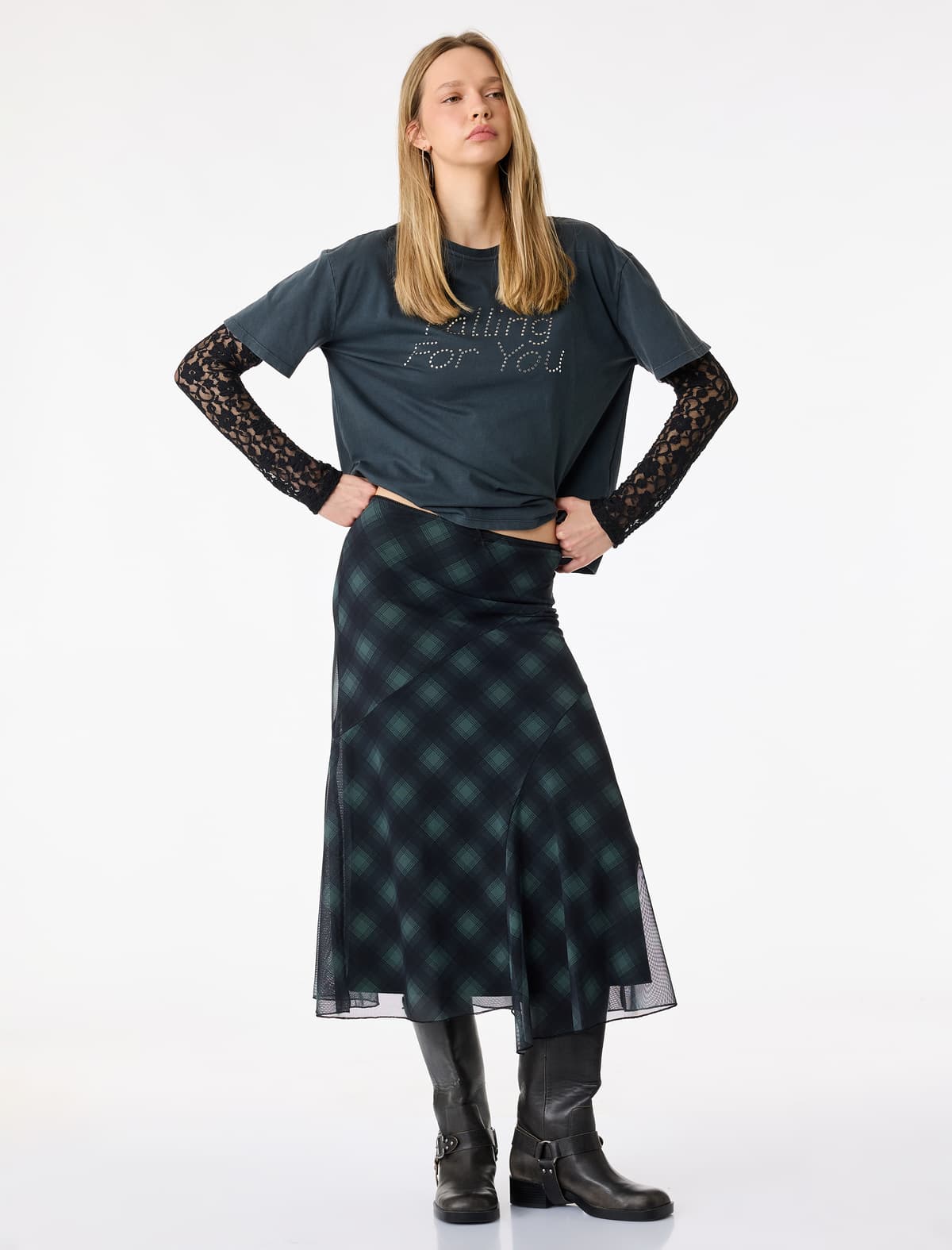 Asimmetrik Kesimli Plaid Midi Tül Etek