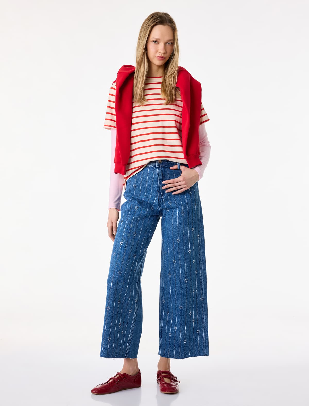 Yüksək Bel Daş Detaylı Sweetheart Qısa Geniş Paçalı Denim Şalvar - Culotte Jeans