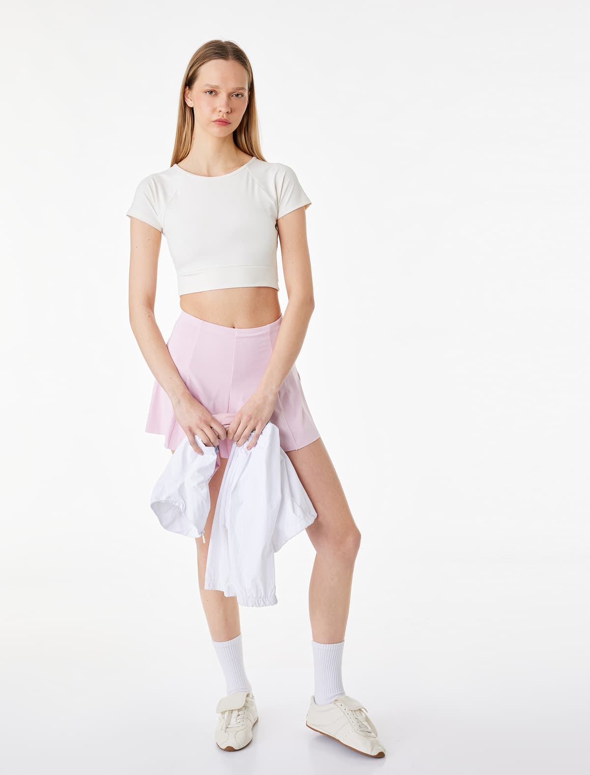 Slim fit Qısaqol Qısaqol Qalstuk Detallı Crop İdman Tişört